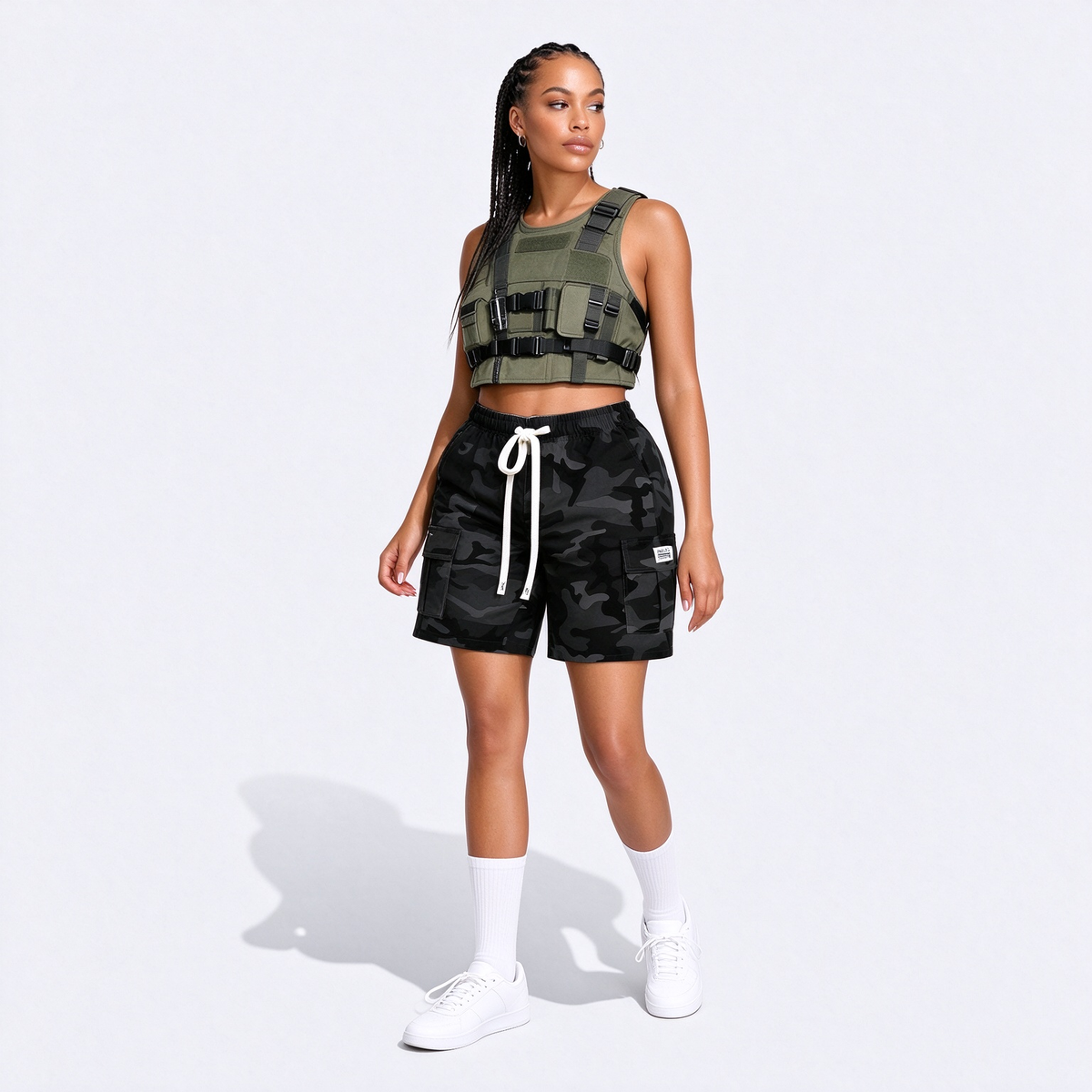 Women's Thin Outdoor Camouflage Cargo Knee-Length Shorts, Lightweight Breathable Casual Fashion Multi-Pocket Drawstring Shorts, Suitable For Sports, Outings, Exercise, Etc.