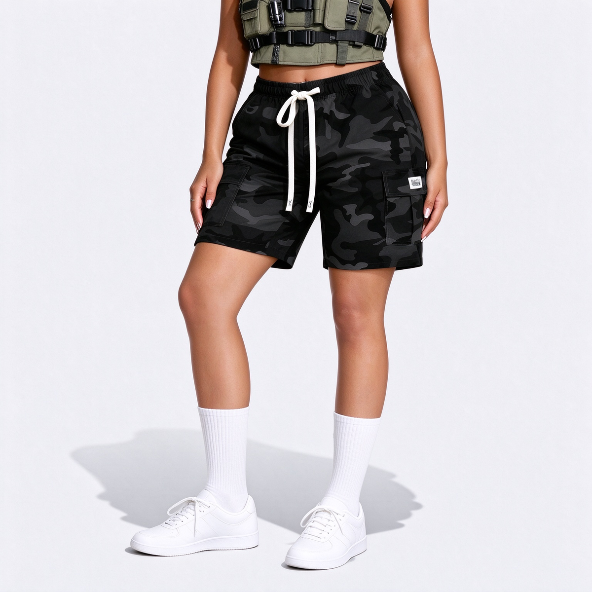 Women's Thin Outdoor Camouflage Cargo Knee-Length Shorts, Lightweight Breathable Casual Fashion Multi-Pocket Drawstring Shorts, Suitable For Sports, Outings, Exercise, Etc.