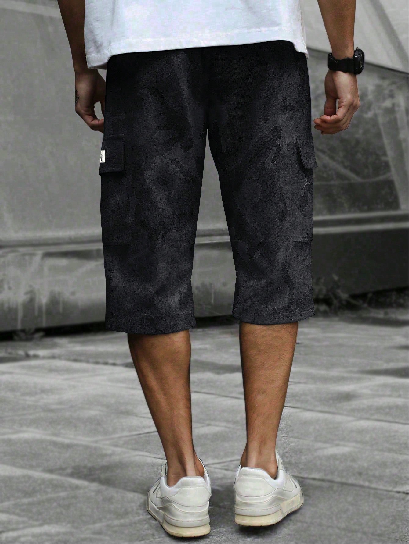 Men's Elastic Waist Fashion Multi-Pocket Camouflage Capri Cargo Pants, Summer Outdoor Casual Trousers