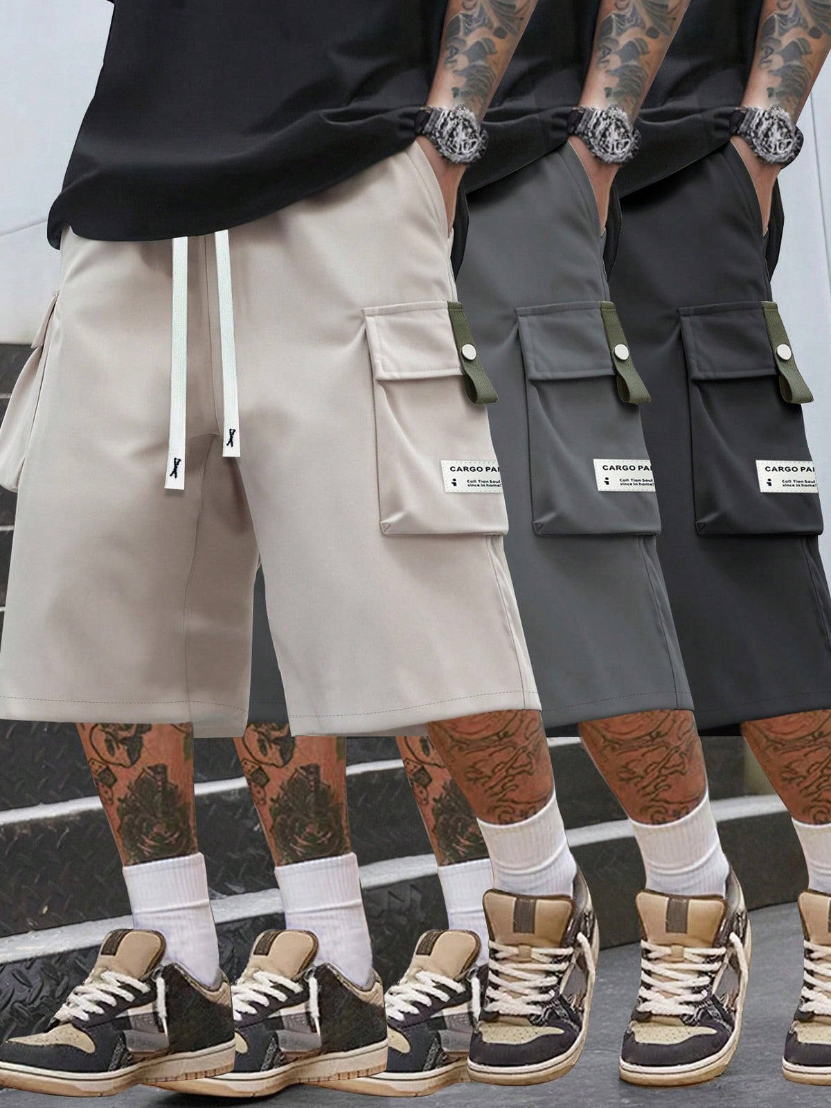 Men's Lightweight Cargo 3/4 Pants With Drawstring Waist, Large Pockets, Letter Patches, Casual Sporty Trousers For Daily Wear, Summer