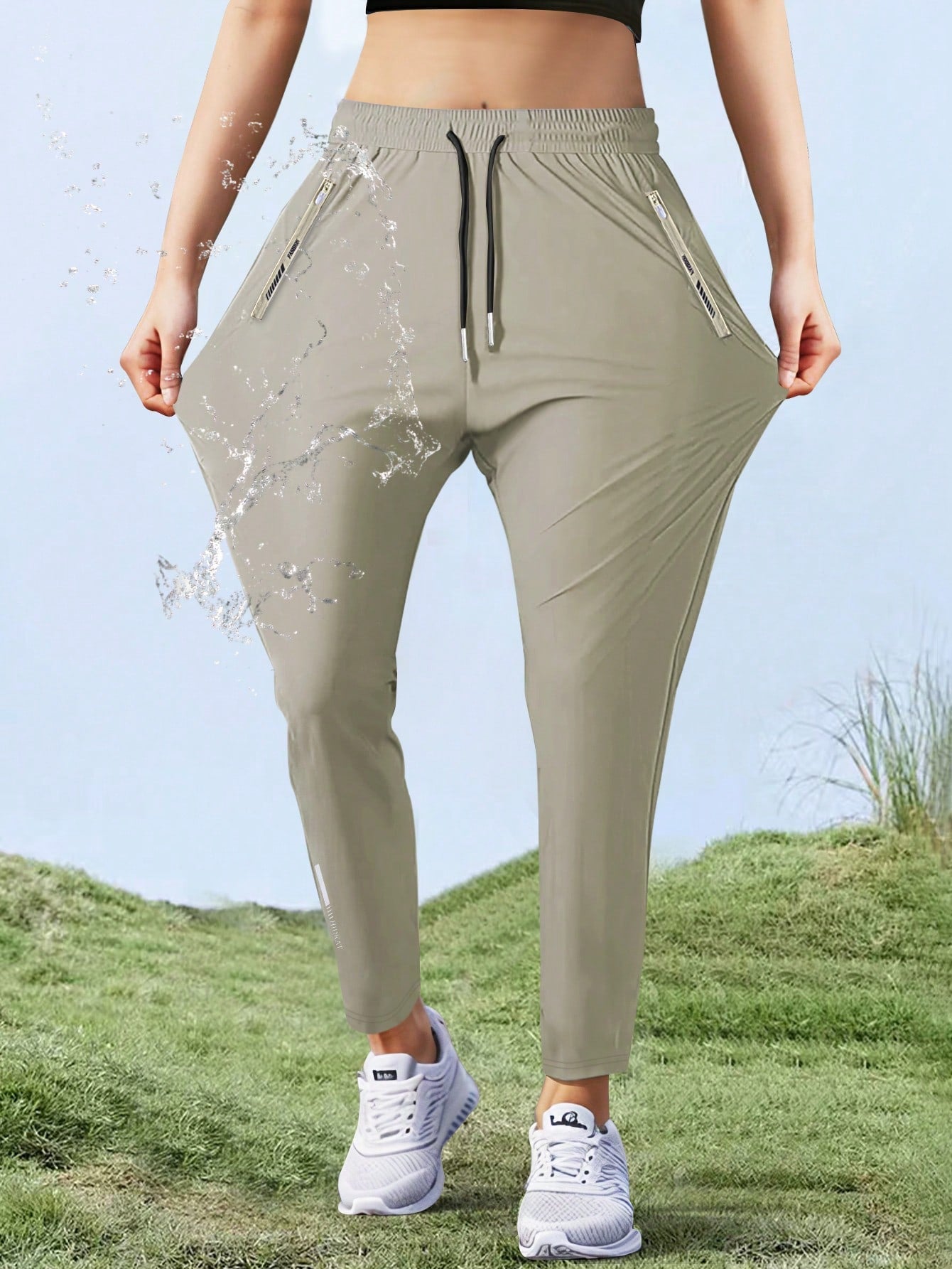 [Spring/Summer] Women's High Elasticity Straight Leg Elastic Waist Drawstring Outdoor Casual Zipper Pocket Long Pants, Gym Workout Summer Women's Outfit