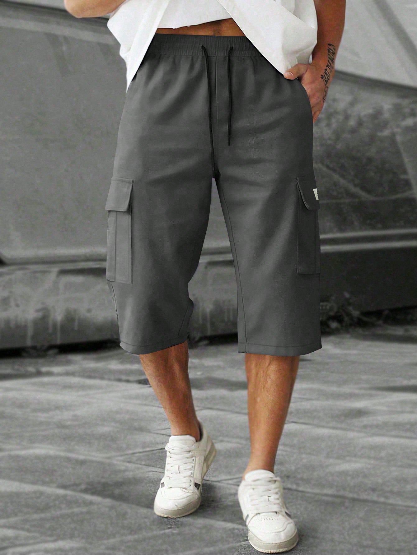 Men's Elastic Waist Fashion Multi-Pocket Camouflage Capri Cargo Pants, Summer Outdoor Casual Trousers