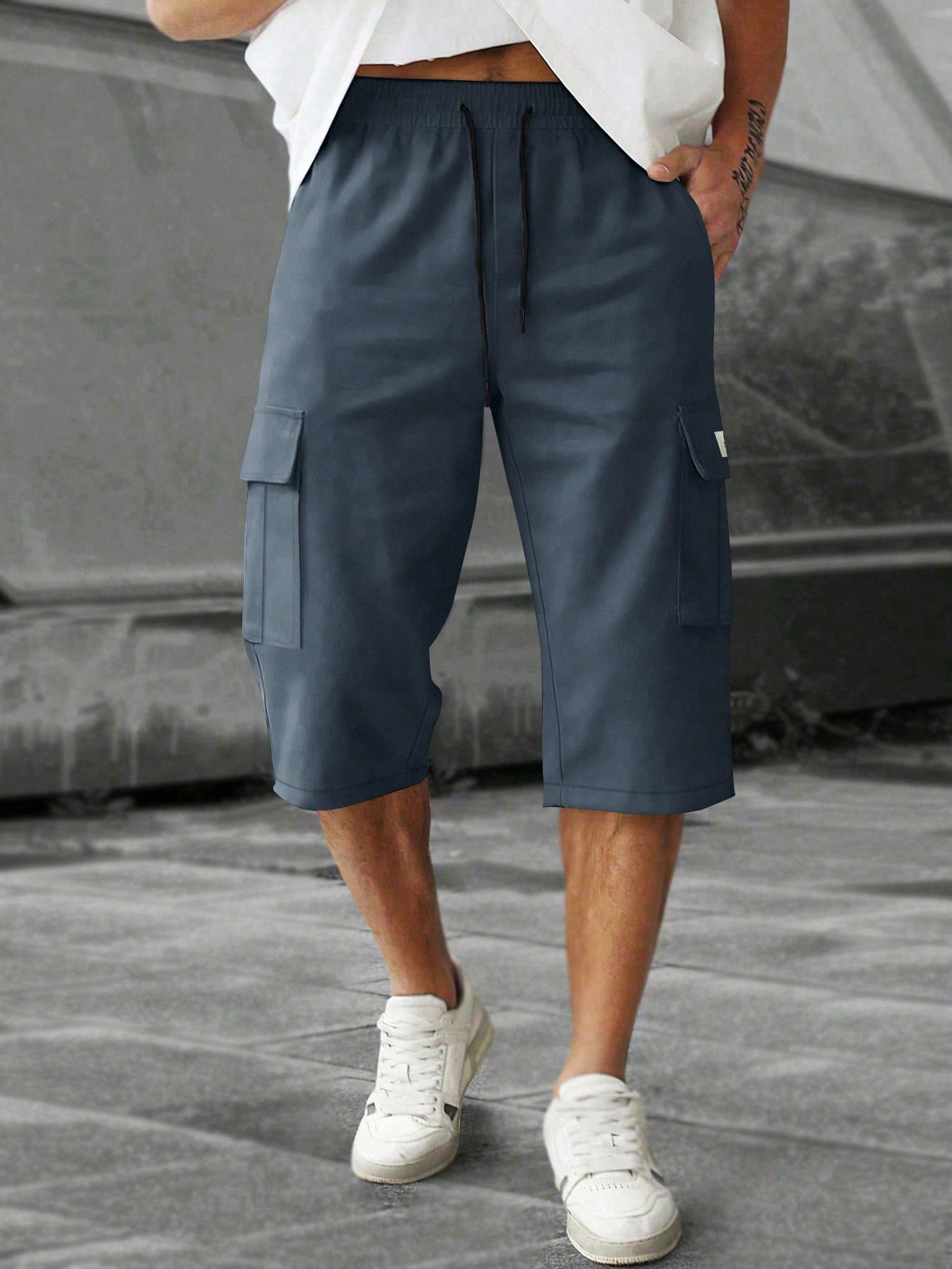 Men's Elastic Waist Fashion Multi-Pocket Camouflage Capri Cargo Pants, Summer Outdoor Casual Trousers