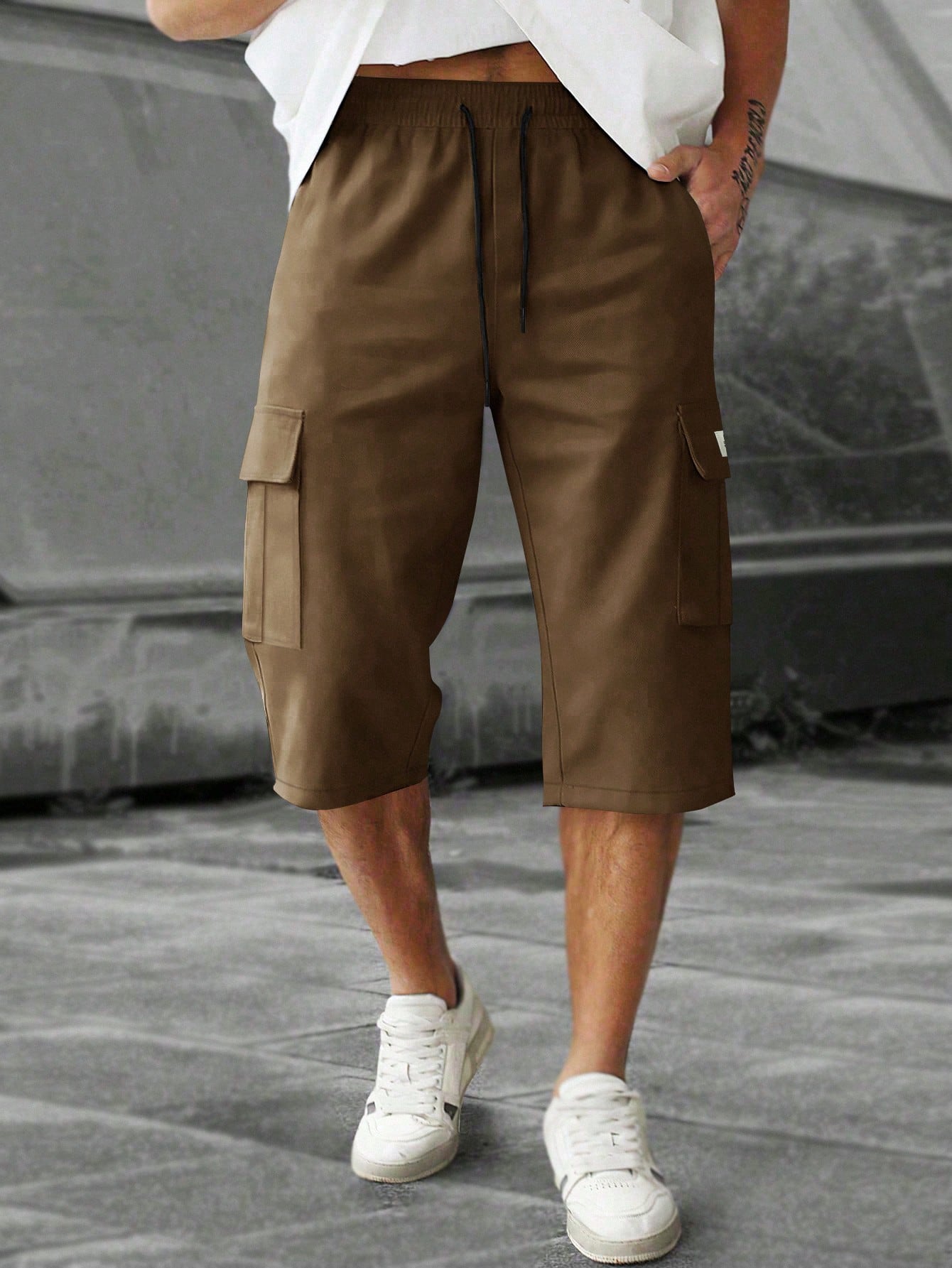 Men's Elastic Waist Fashion Multi-Pocket Camouflage Capri Cargo Pants, Summer Outdoor Casual Trousers