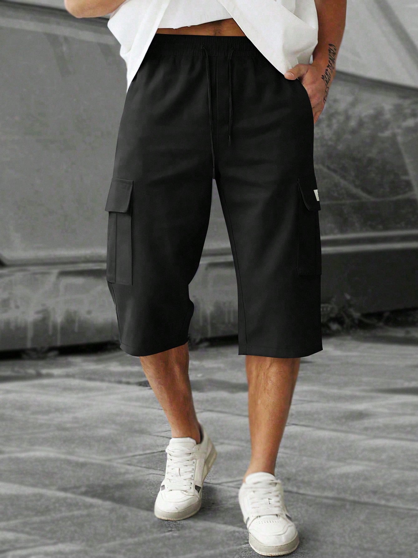 Men's Elastic Waist Fashion Multi-Pocket Camouflage Capri Cargo Pants, Summer Outdoor Casual Trousers