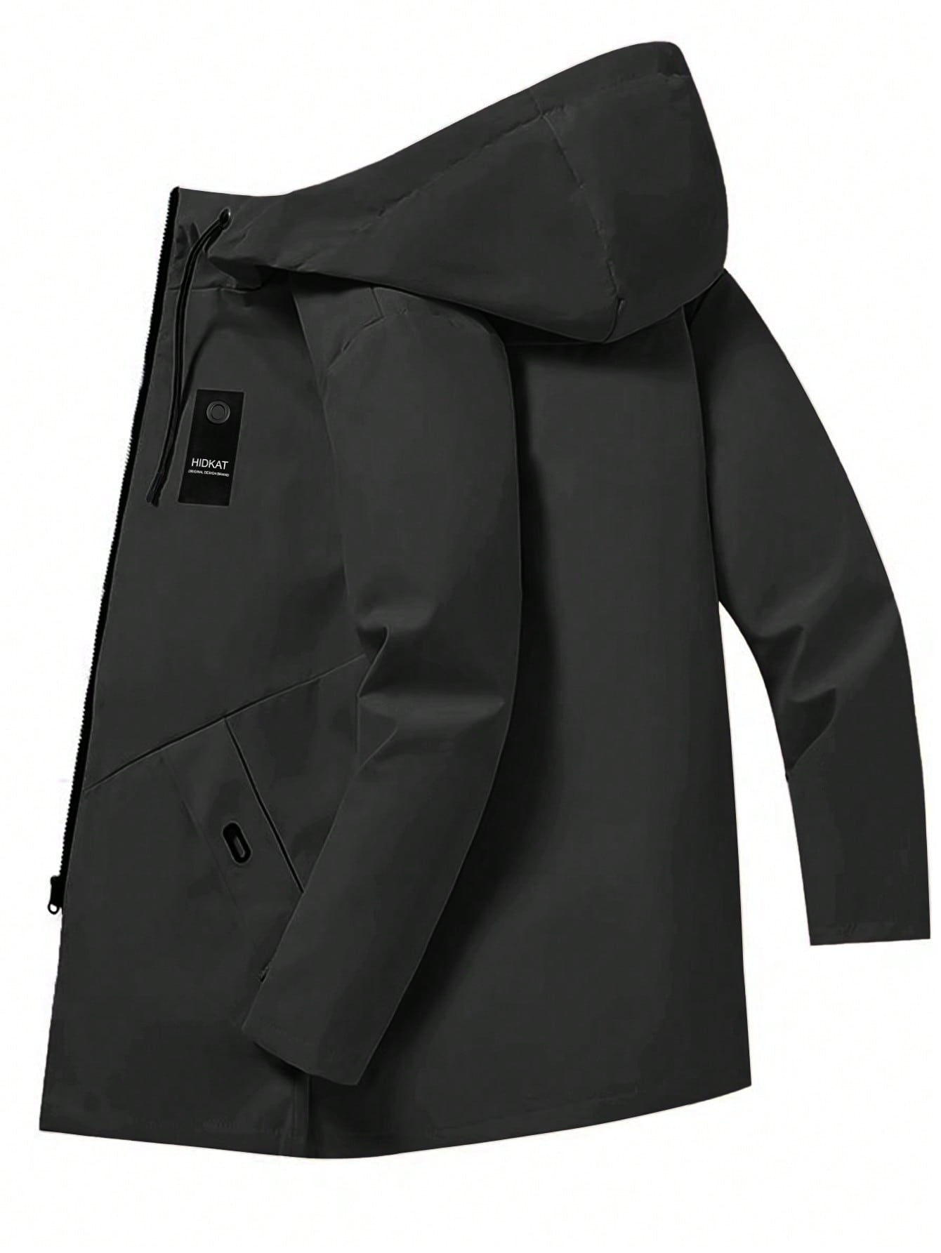 Men's Mid-Length Sporty Outdoor Hiking Jacket With Hood And Drawstring, Solid Color, Casual Everyday Wear, Autumn/Winter, BOYFRIEND
