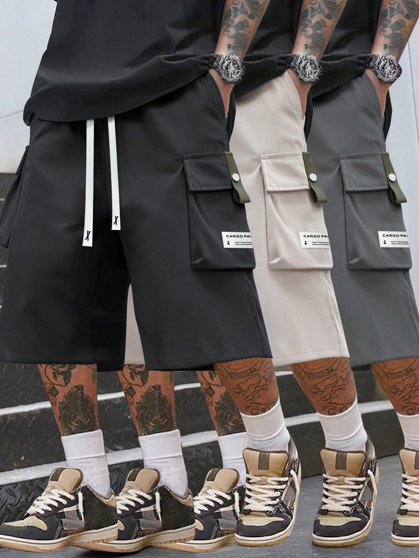 Men's Lightweight Cargo 3/4 Pants With Drawstring Waist, Large Pockets, Letter Patches, Casual Sporty Trousers For Daily Wear, Summer