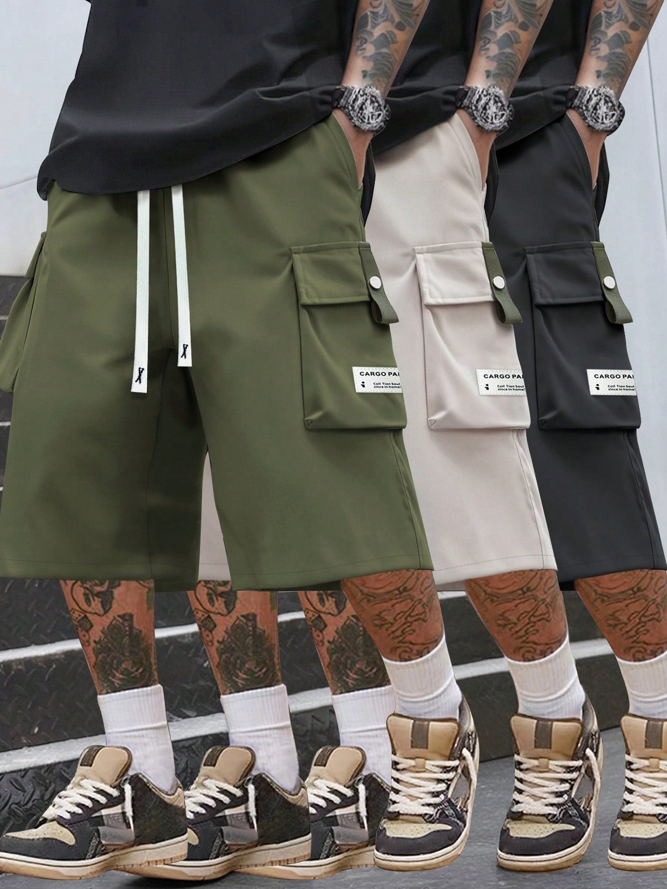 Men's Lightweight Cargo 3/4 Pants With Drawstring Waist, Large Pockets, Letter Patches, Casual Sporty Trousers For Daily Wear, Summer