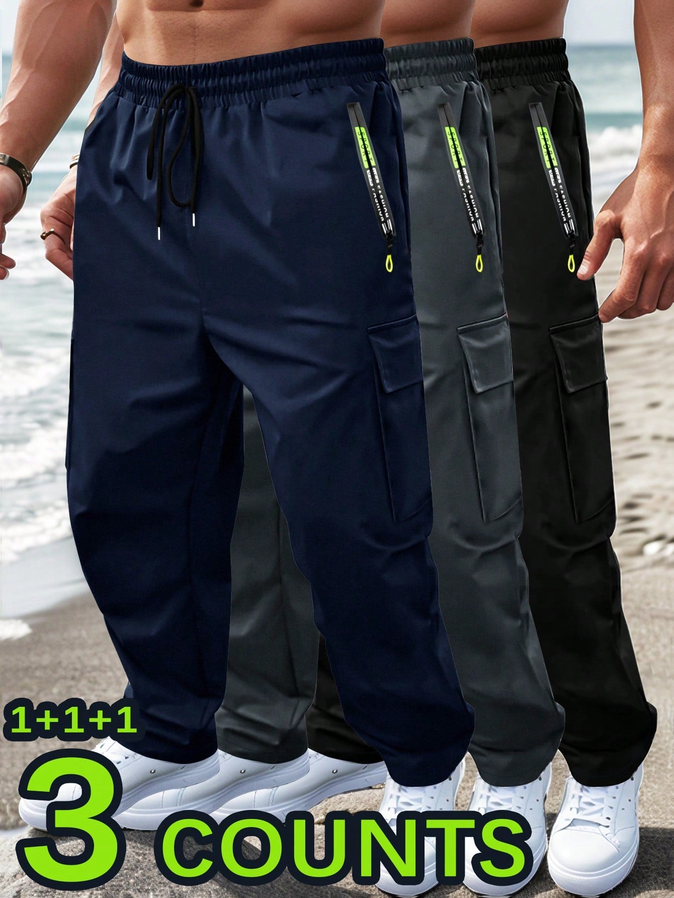 3pcs Men's Drawstring Elastic Waist Zipper Pocket Sport Pants, Outdoor Casual Loose Straight Leg Cargo Pants With NEON Highlights, Spring & Autumn Sports
