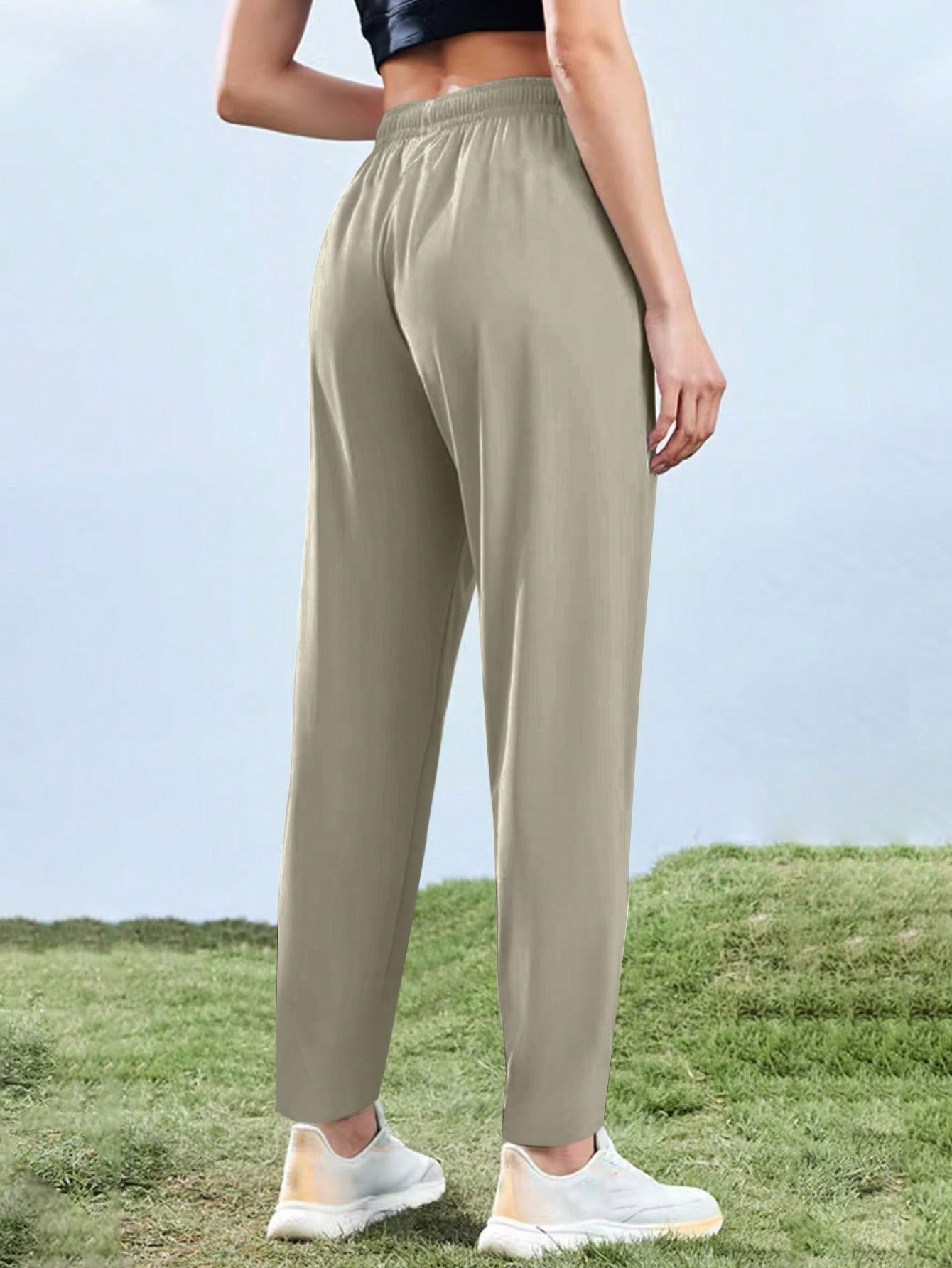 [Spring/Summer] Women's High Elasticity Straight Leg Elastic Waist Drawstring Outdoor Casual Zipper Pocket Long Pants, Gym Workout Summer Women's Outfit
