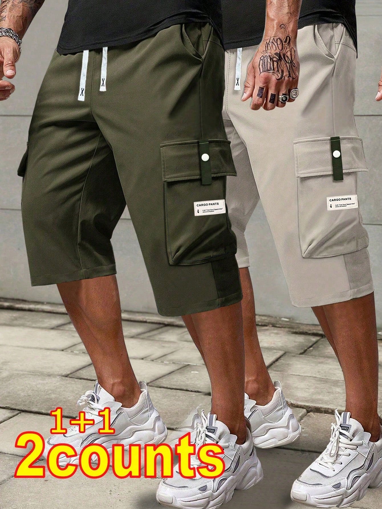 2pcs Men's Casual Cargo Capri Pants, Summer Drawstring Waist, Large Pockets, Letter Patch, Fashion Leisure Sports Pants, Spring/Summer
