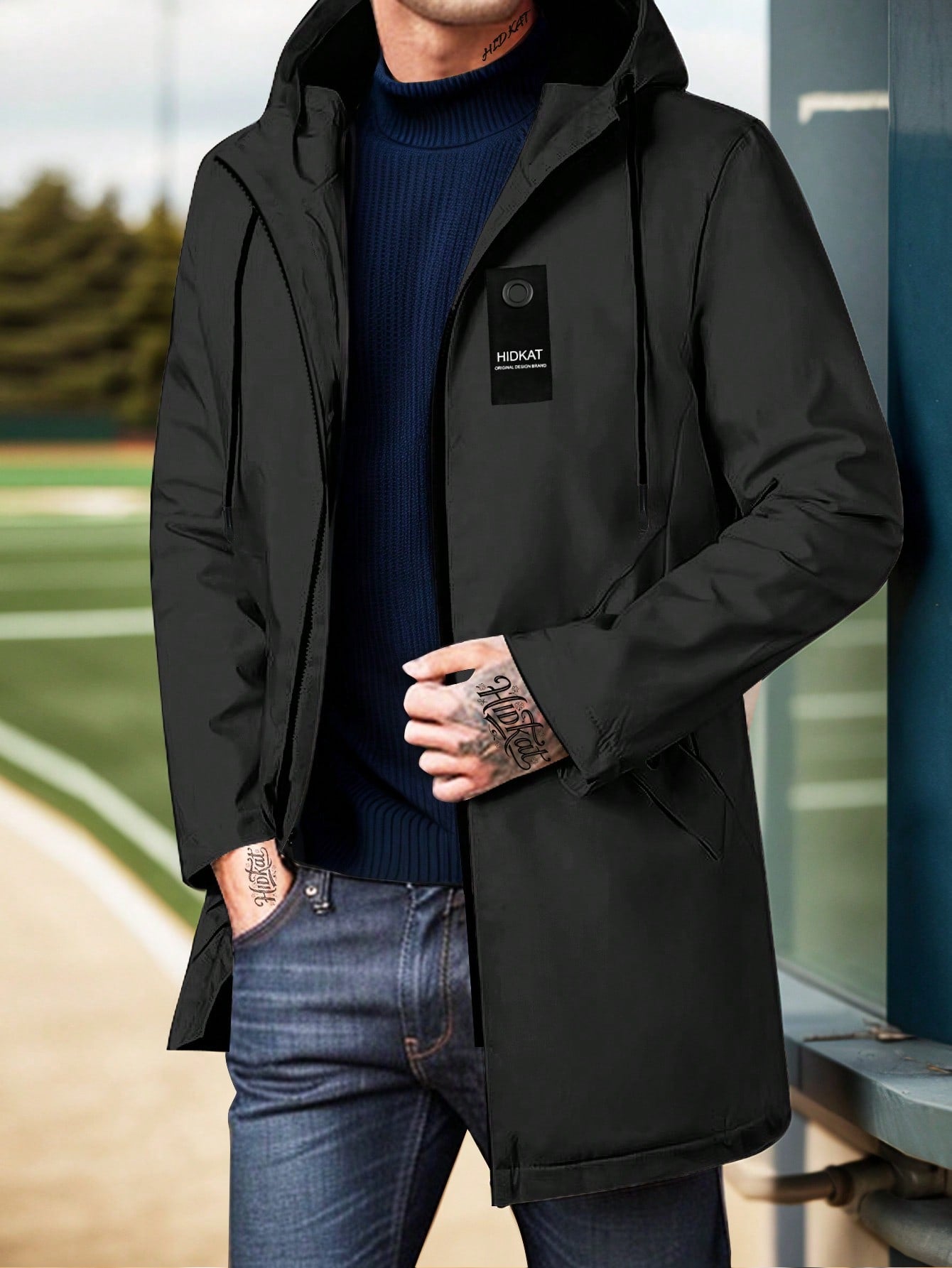 Men's Mid-Length Sporty Outdoor Hiking Jacket With Hood And Drawstring, Solid Color, Casual Everyday Wear, Autumn/Winter, BOYFRIEND