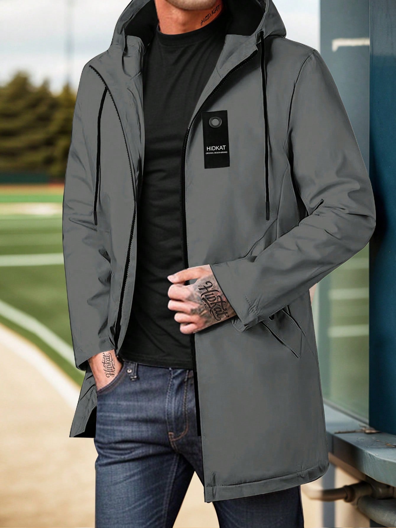 Men's Mid-Length Sporty Outdoor Hiking Jacket With Hood And Drawstring, Solid Color, Casual Everyday Wear, Autumn/Winter, BOYFRIEND