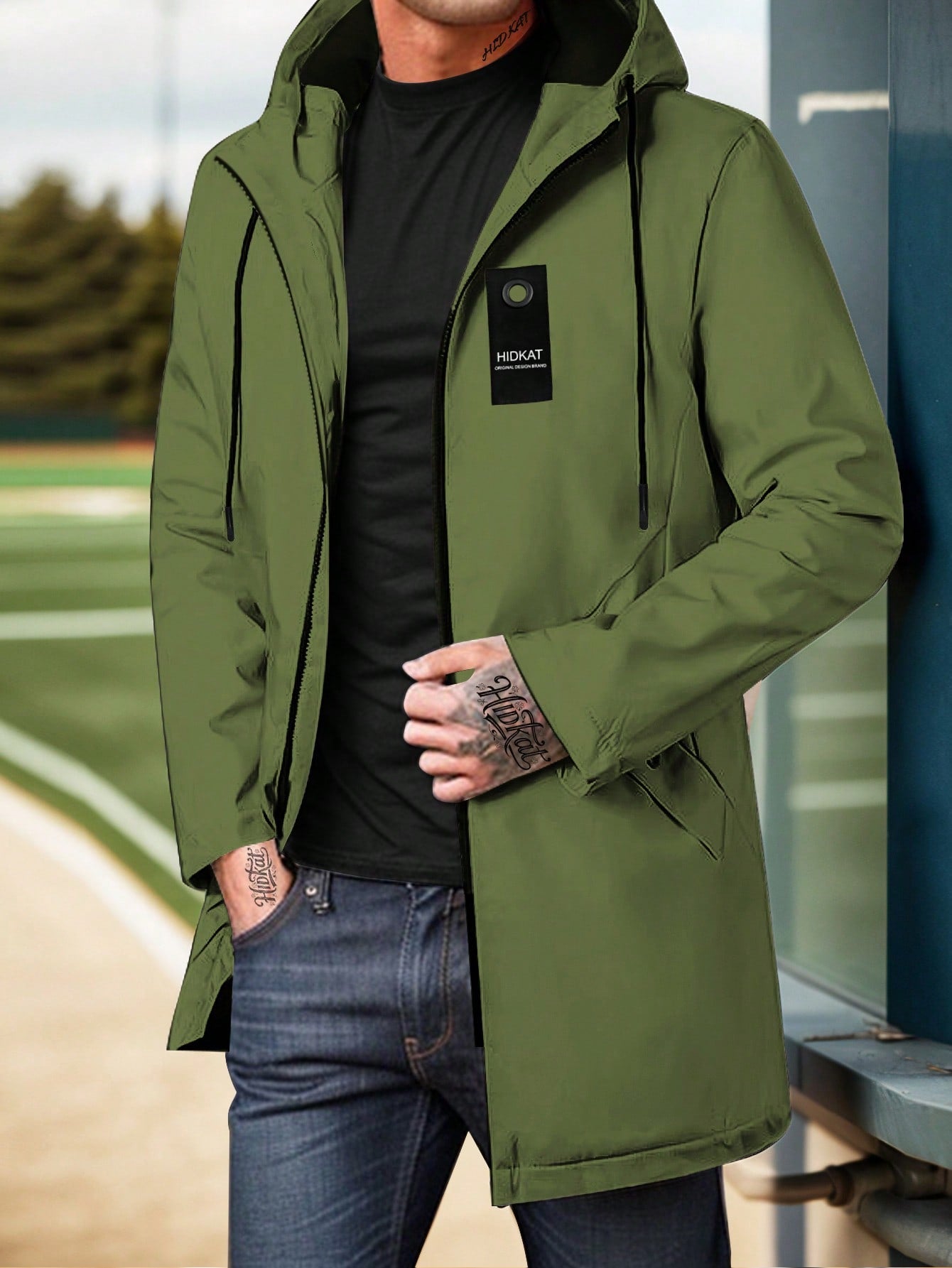 Men's Mid-Length Sporty Outdoor Hiking Jacket With Hood And Drawstring, Solid Color, Casual Everyday Wear, Autumn/Winter, BOYFRIEND