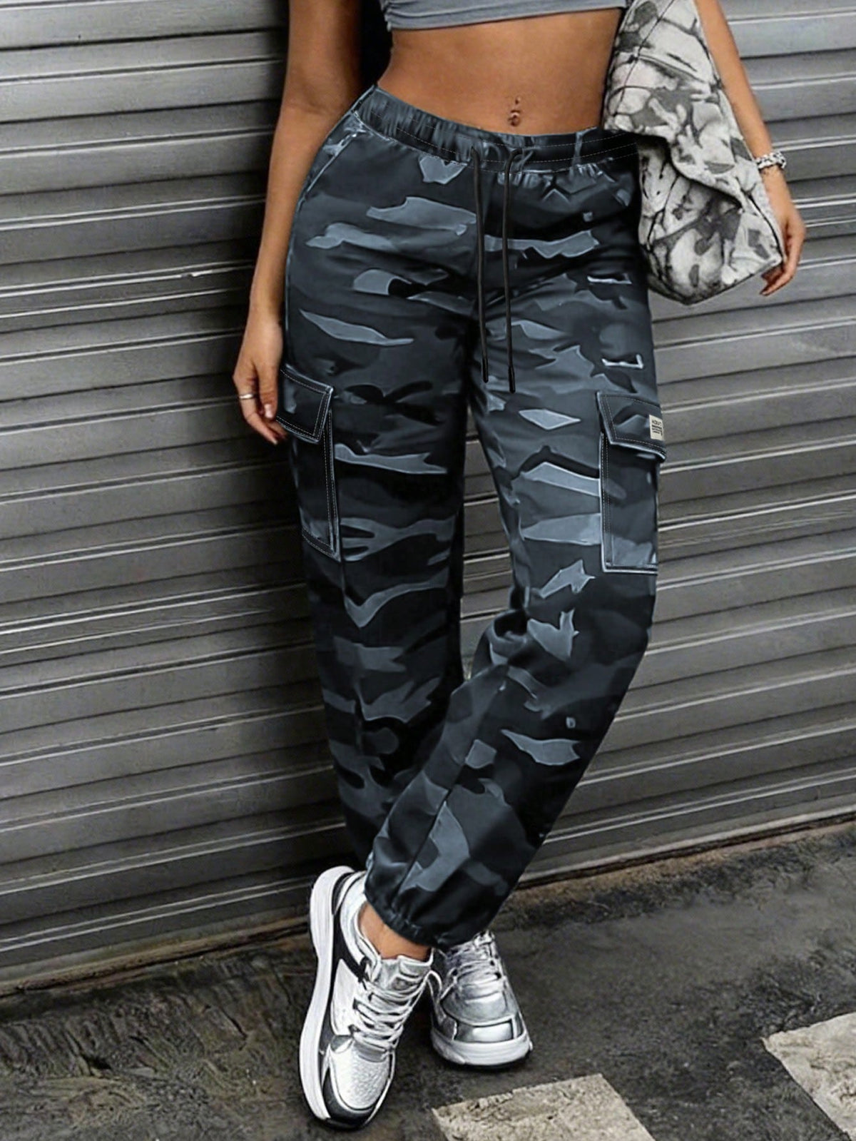Women'S Camouflage Cargo Pants With Drawstring Waist And Large Side Pockets, Suitable For Daily Outdoor Activities, Spring/Autumn Tights