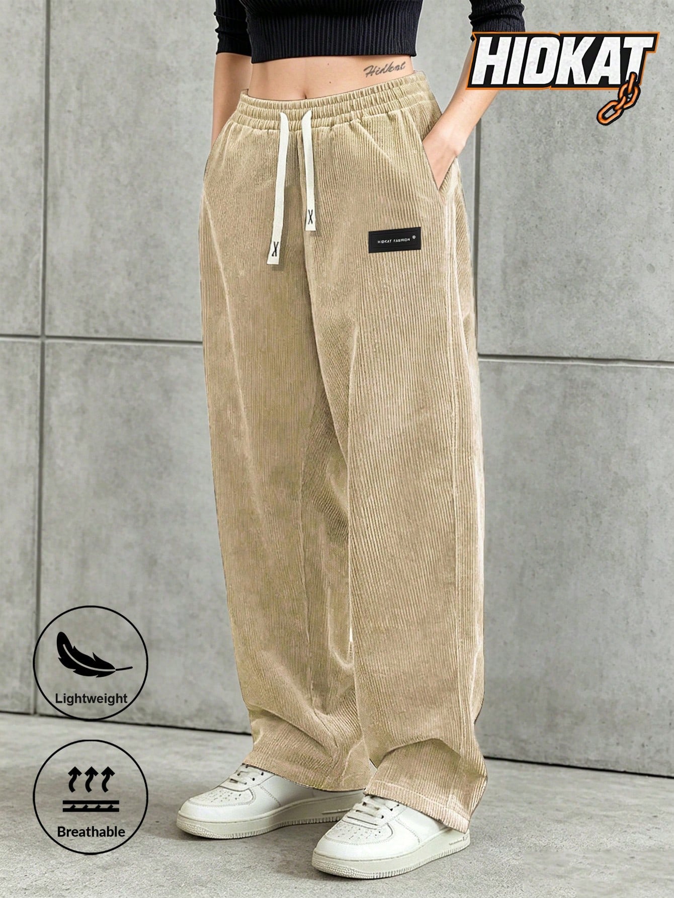 Women's Corduroy Straight Leg Pants With Drawstring Elastic Waist, Suitable For Casual, Sports, Hiking Wear, Spring/Autumn