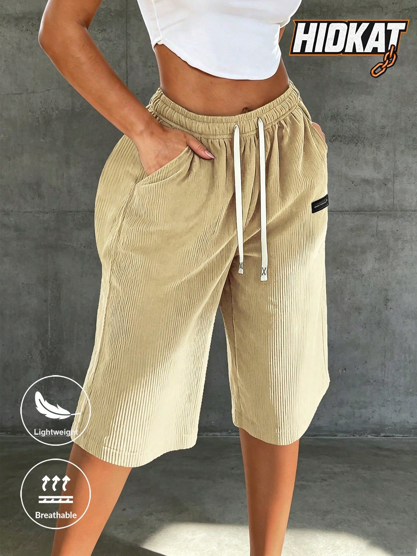Women's Capris Summer Lightweight Breathable Corduroy Drawstring Waist Pockets Cropped Shorts For Dating, Work, Vacation And Casual Wear