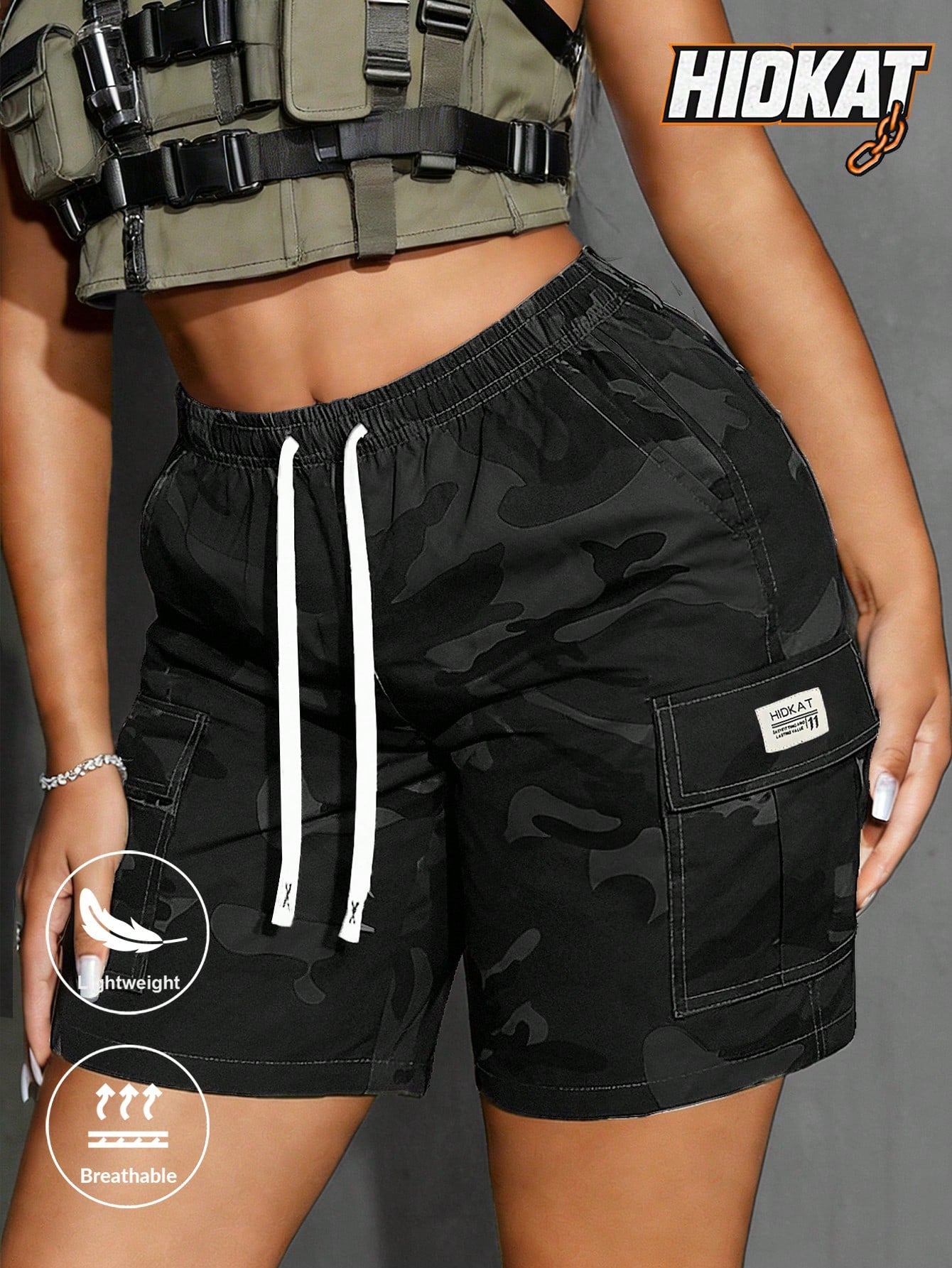 Women's Thin Outdoor Camouflage Cargo Knee-Length Shorts, Lightweight Breathable Casual Fashion Multi-Pocket Drawstring Shorts, Suitable For Sports, Outings, Exercise, Etc.