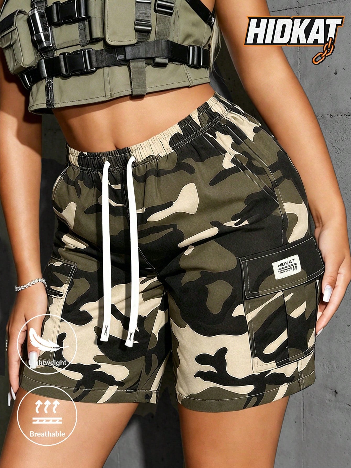 Women's Thin Outdoor Camouflage Cargo Knee-Length Shorts, Lightweight Breathable Casual Fashion Multi-Pocket Drawstring Shorts, Suitable For Sports, Outings, Exercise, Etc.