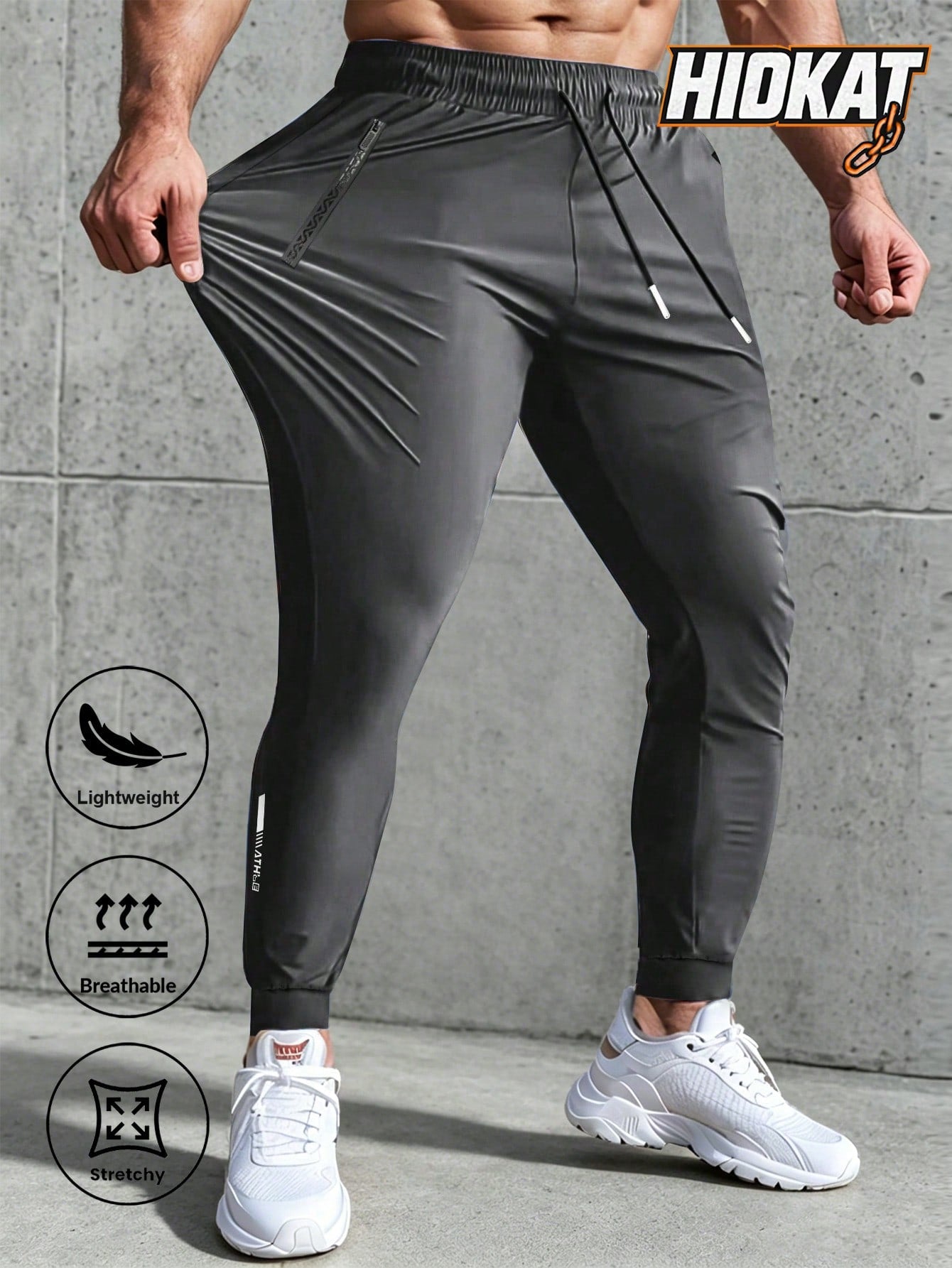 Men's High Elastic English Reflective Zipper Pocket Drawstring Ankle-Length Pants, Lightweight Casual Sports Trousers Suitable For Running, Workout, Hiking, Cycling, Spring & Autumn