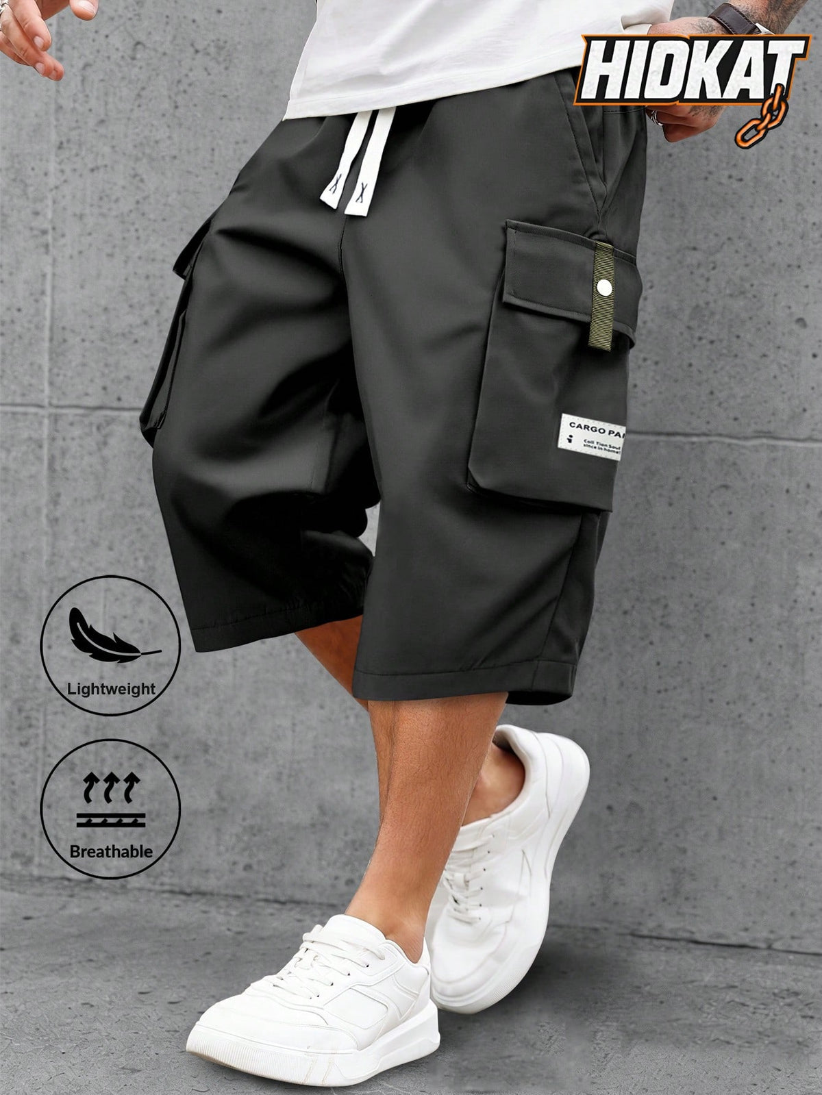 Men's Lightweight Summer Casual Cargo Capri Pants With Drawstring Waist, Large Pockets & Letter Patch, Fashionable And Comfortable For Daily Wear And Outdoor Activities Sports