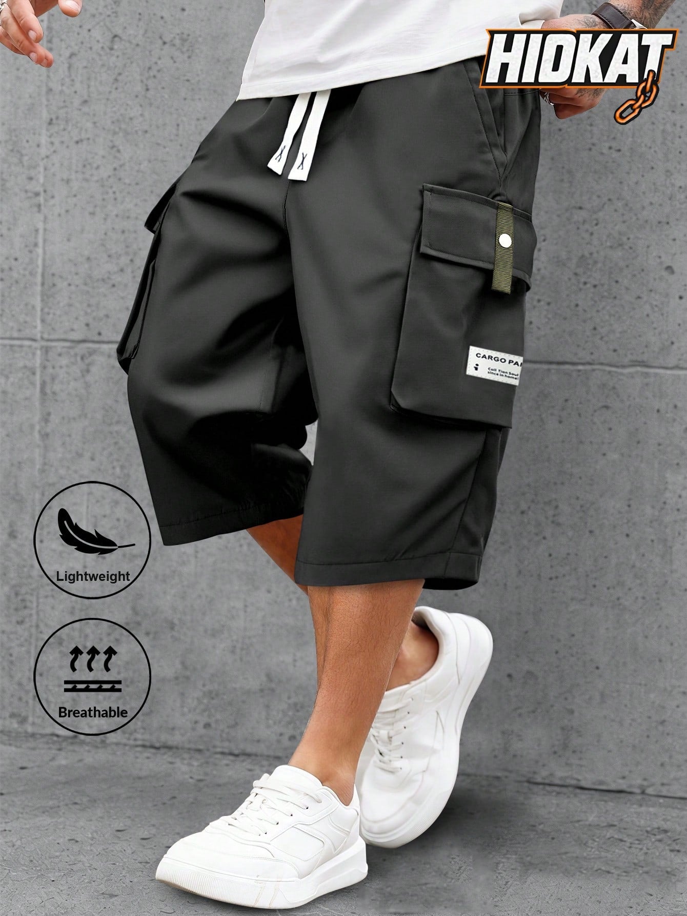 Men's Lightweight Summer Casual Cargo Capri Pants With Drawstring Waist, Large Pockets & Letter Patch, Fashionable And Comfortable For Daily Wear And Outdoor Activities Sports