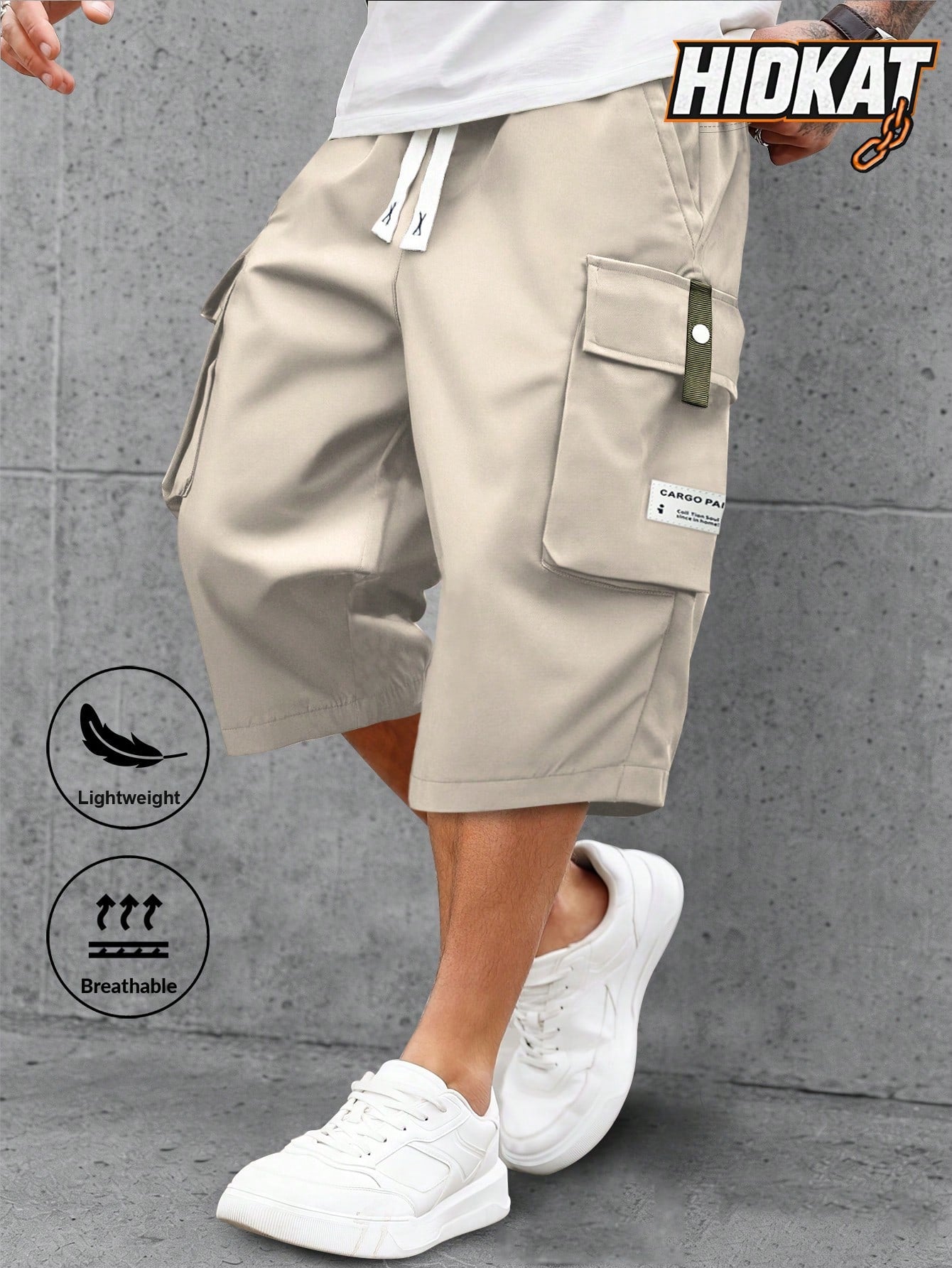 Men's Lightweight Summer Casual Cargo Capri Pants With Drawstring Waist, Large Pockets & Letter Patch, Fashionable And Comfortable For Daily Wear And Outdoor Activities Sports