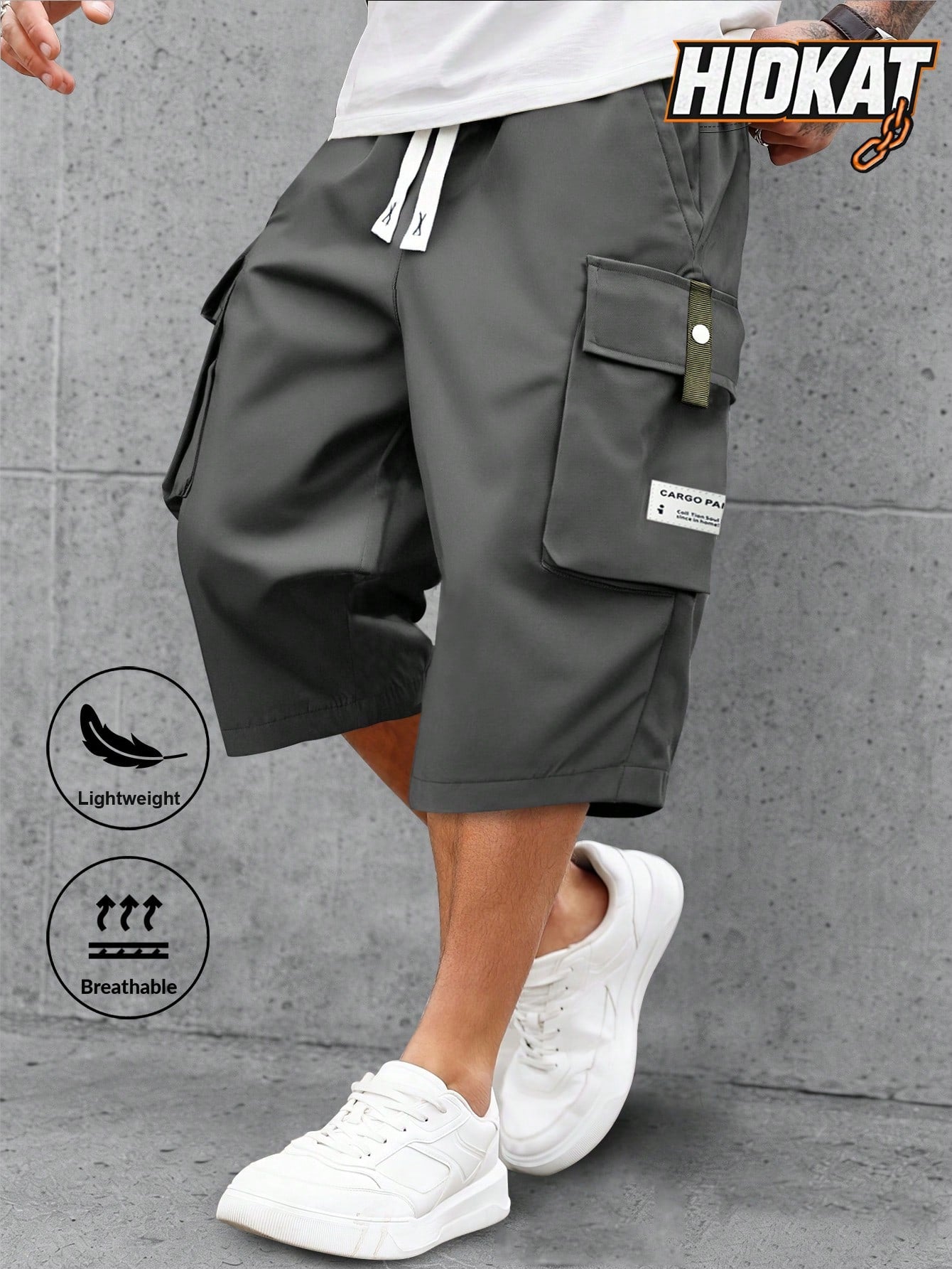 Men's Lightweight Summer Casual Cargo Capri Pants With Drawstring Waist, Large Pockets & Letter Patch, Fashionable And Comfortable For Daily Wear And Outdoor Activities Sports