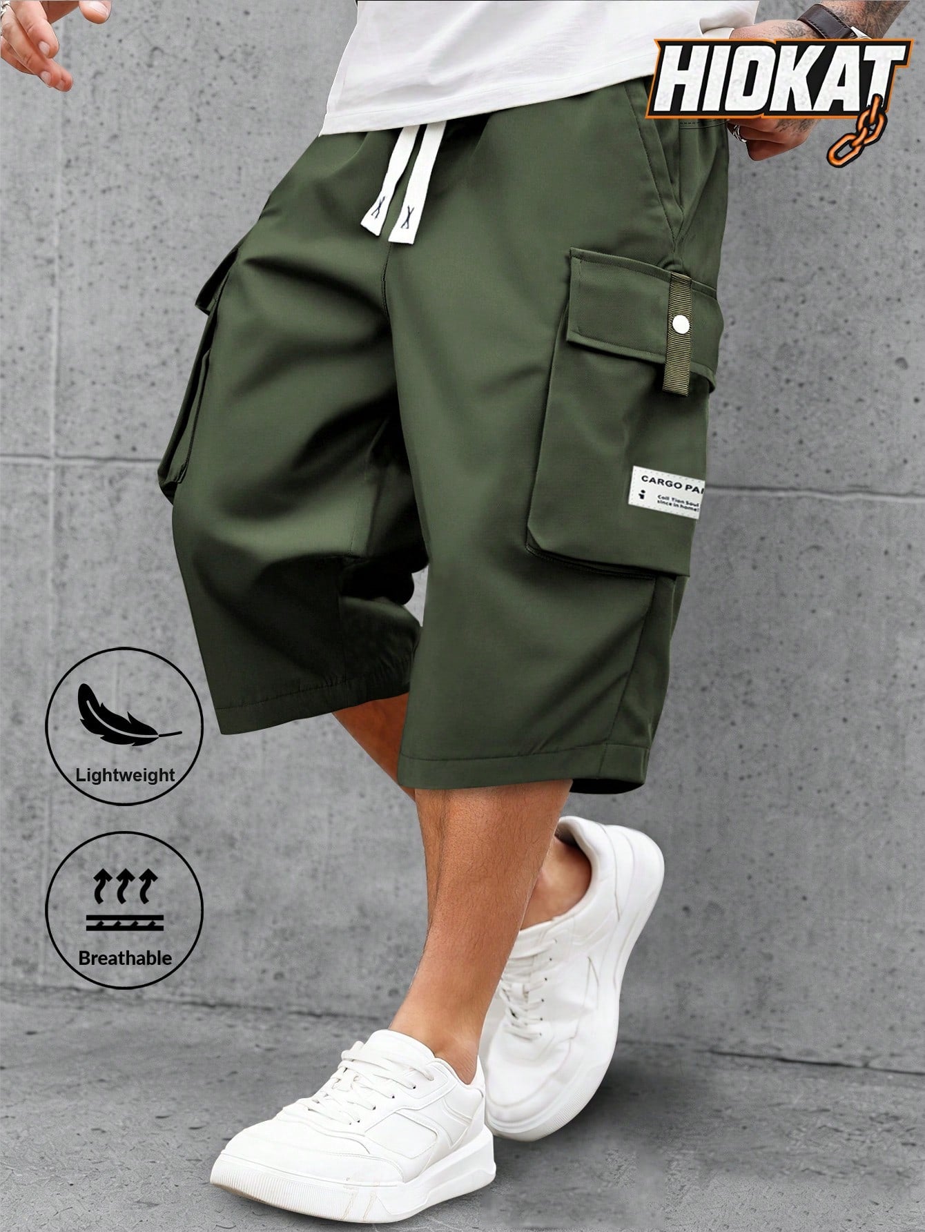 Men's Lightweight Summer Casual Cargo Capri Pants With Drawstring Waist, Large Pockets & Letter Patch, Fashionable And Comfortable For Daily Wear And Outdoor Activities Sports