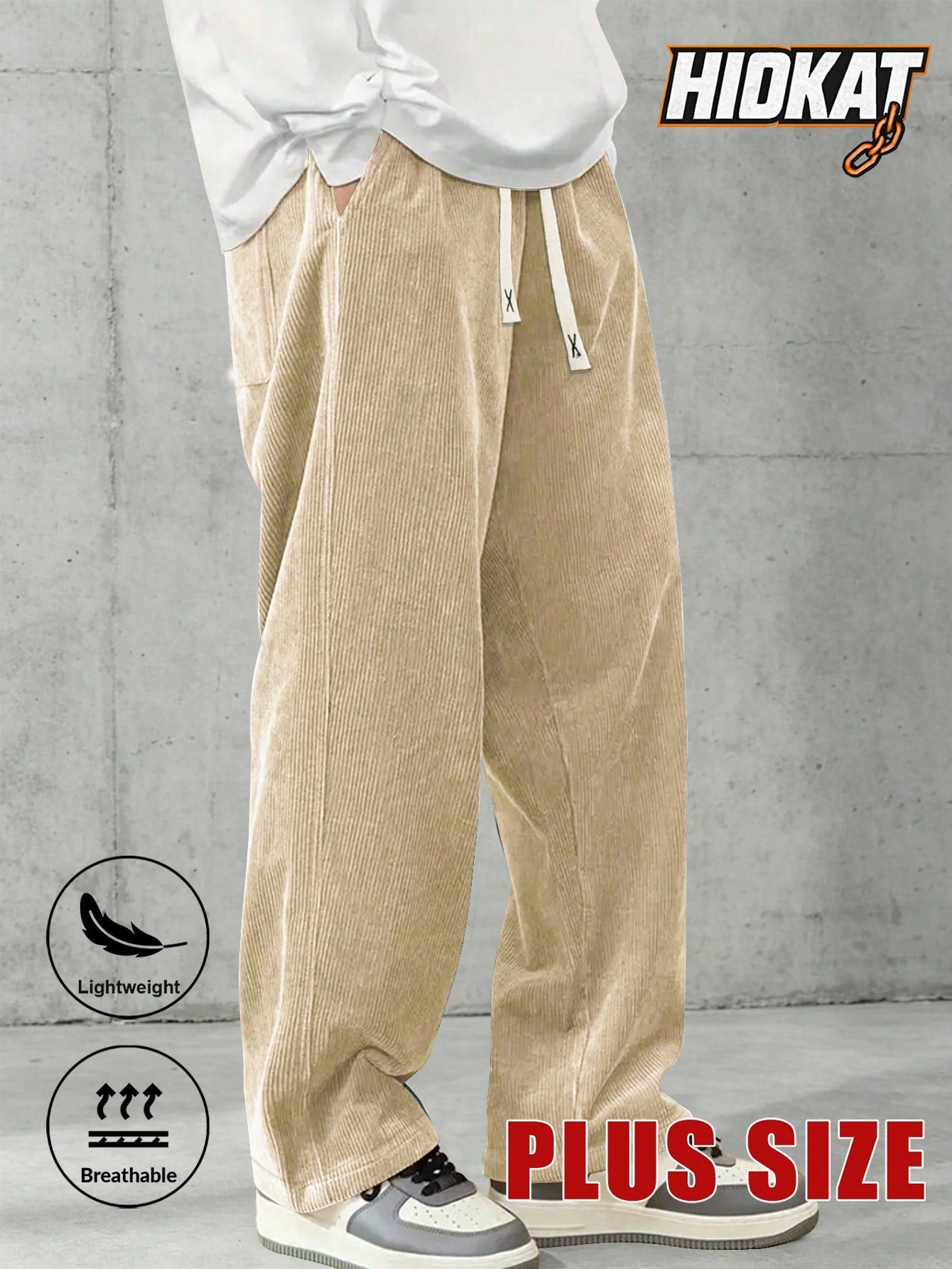 Plus Size Men's Corduroy Straight Leg Retro Pants, Drawstring Elastic Waist, Suitable For Casual, Sports, Hiking Wear, Spring/Autumn