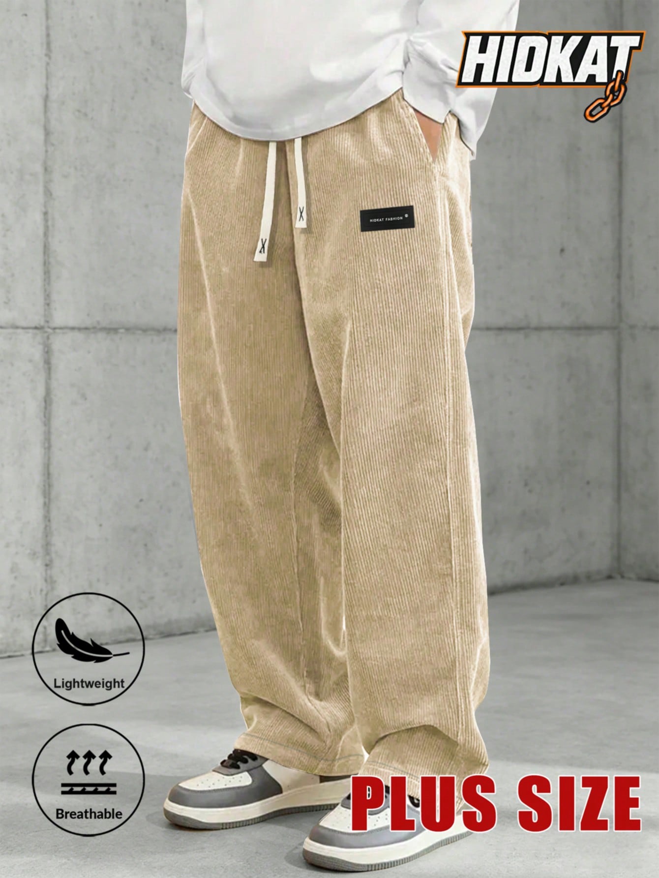 Plus Size Men's Corduroy Straight Leg Retro Pants, Drawstring Elastic Waist, Suitable For Casual, Sports, Hiking Wear, Spring/Autumn