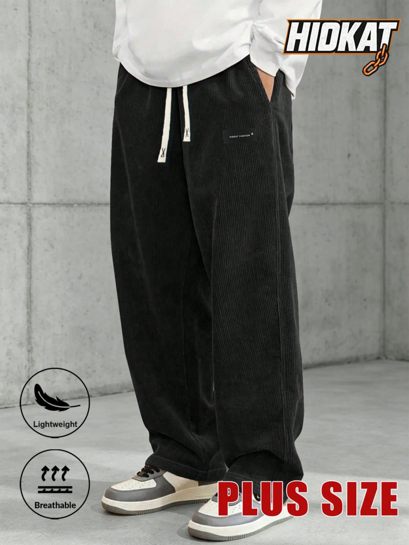 Plus Size Men's Corduroy Straight Leg Retro Pants, Drawstring Elastic Waist, Suitable For Casual, Sports, Hiking Wear, Spring/Autumn