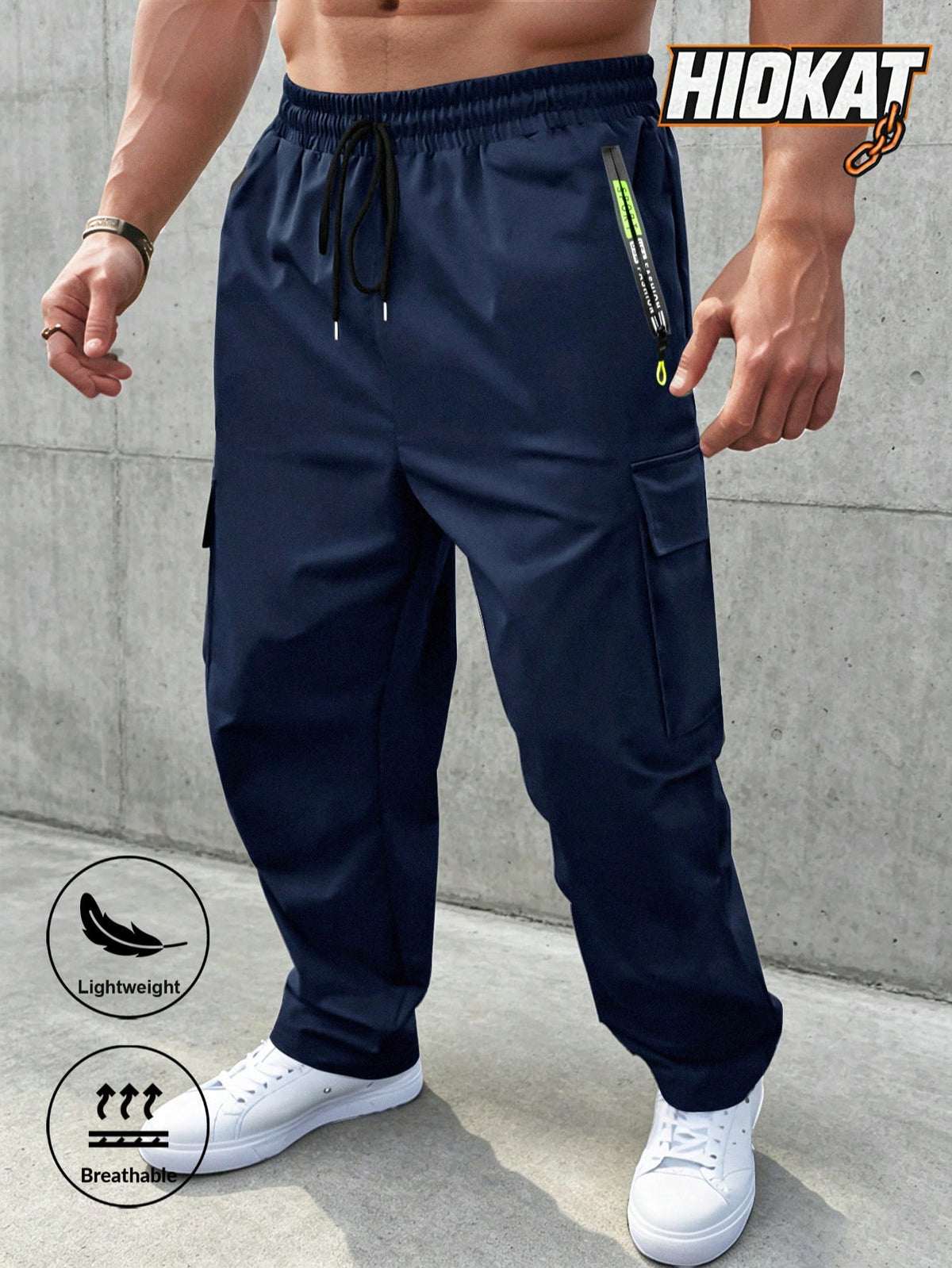 Men's Loose Lightweight Breathable Drawstring Elastic Waist Zipper Pocket Sports Pants, Outdoor Casual Straight Leg Cargo Trousers, NEON Highlight, Spring & Autumn