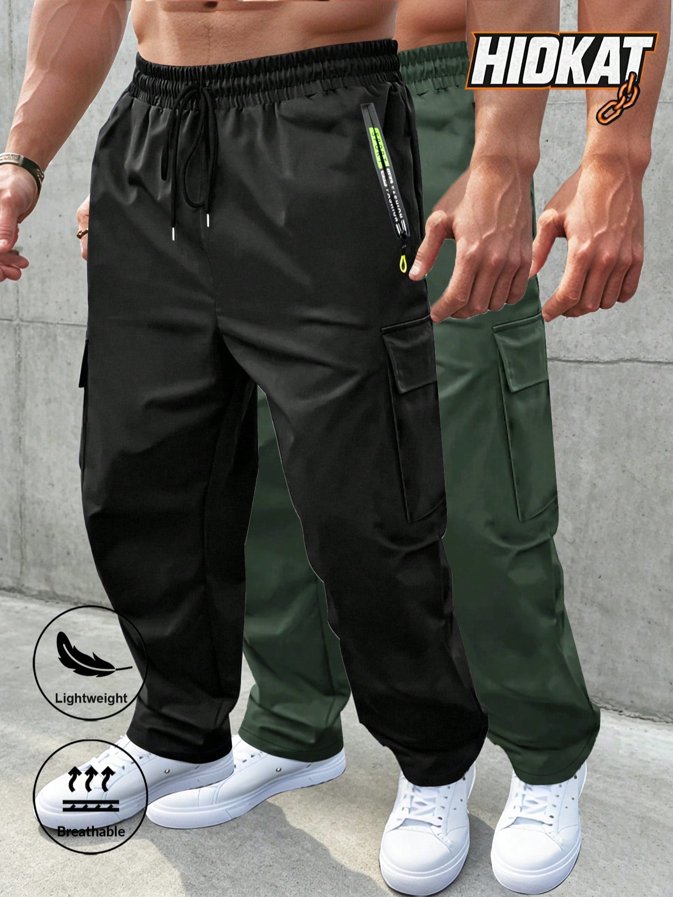 Men's Loose Lightweight Breathable Drawstring Elastic Waist Zipper Pocket Sports Pants, Outdoor Casual Straight Leg Cargo Trousers, NEON Highlight, Spring & Autumn