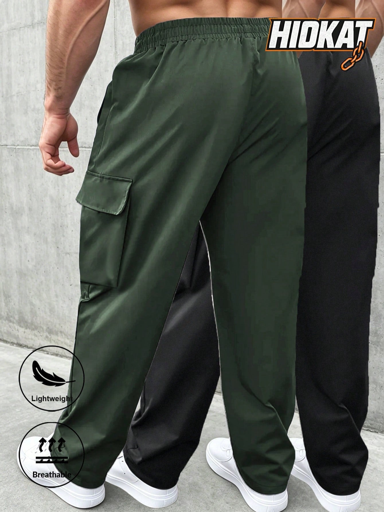 Men's Loose Lightweight Breathable Drawstring Elastic Waist Zipper Pocket Sports Pants, Outdoor Casual Straight Leg Cargo Trousers, NEON Highlight, Spring & Autumn