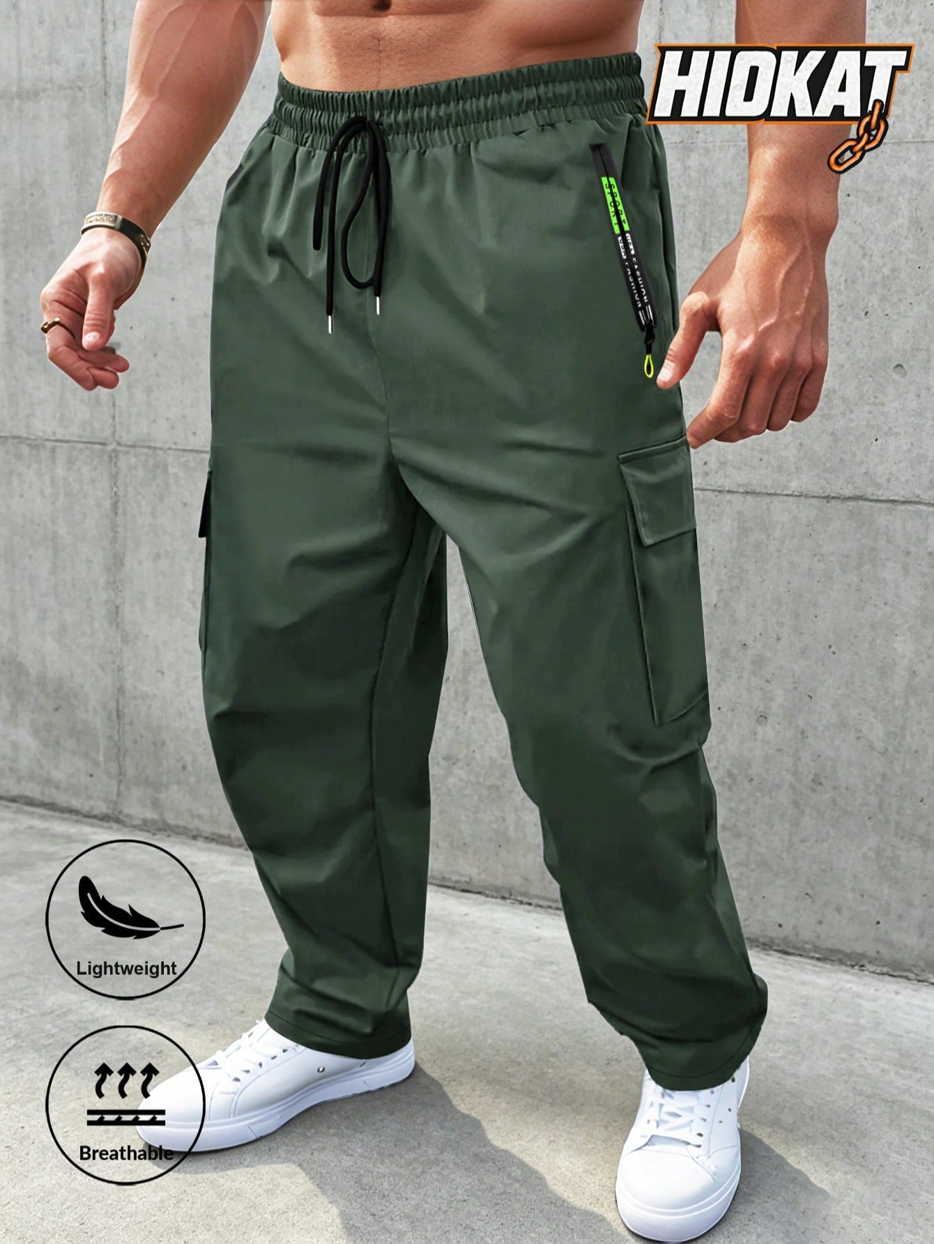 Men's Loose Lightweight Breathable Drawstring Elastic Waist Zipper Pocket Sports Pants, Outdoor Casual Straight Leg Cargo Trousers, NEON Highlight, Spring & Autumn