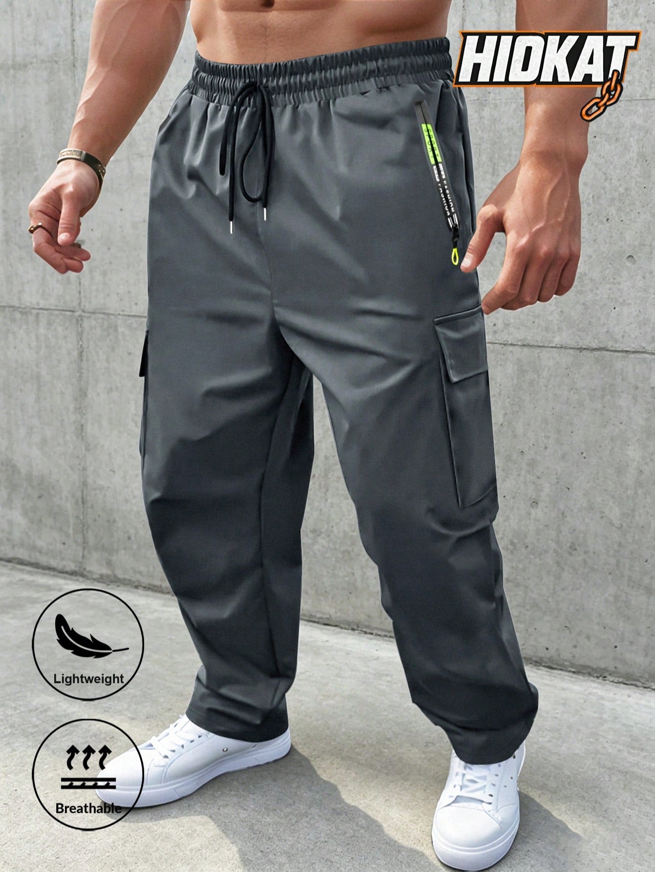 Men's Loose Lightweight Breathable Drawstring Elastic Waist Zipper Pocket Sports Pants, Outdoor Casual Straight Leg Cargo Trousers, NEON Highlight, Spring & Autumn