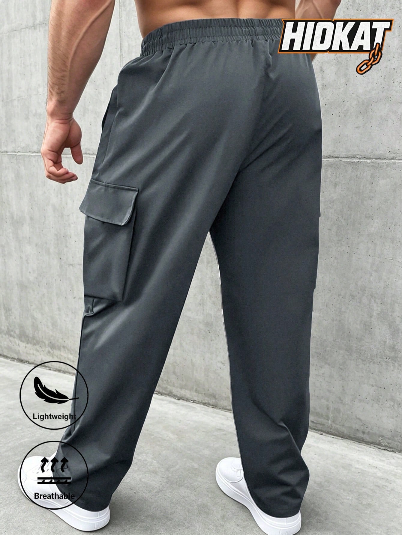 Men's Loose Lightweight Breathable Drawstring Elastic Waist Zipper Pocket Sports Pants, Outdoor Casual Straight Leg Cargo Trousers, NEON Highlight, Spring & Autumn