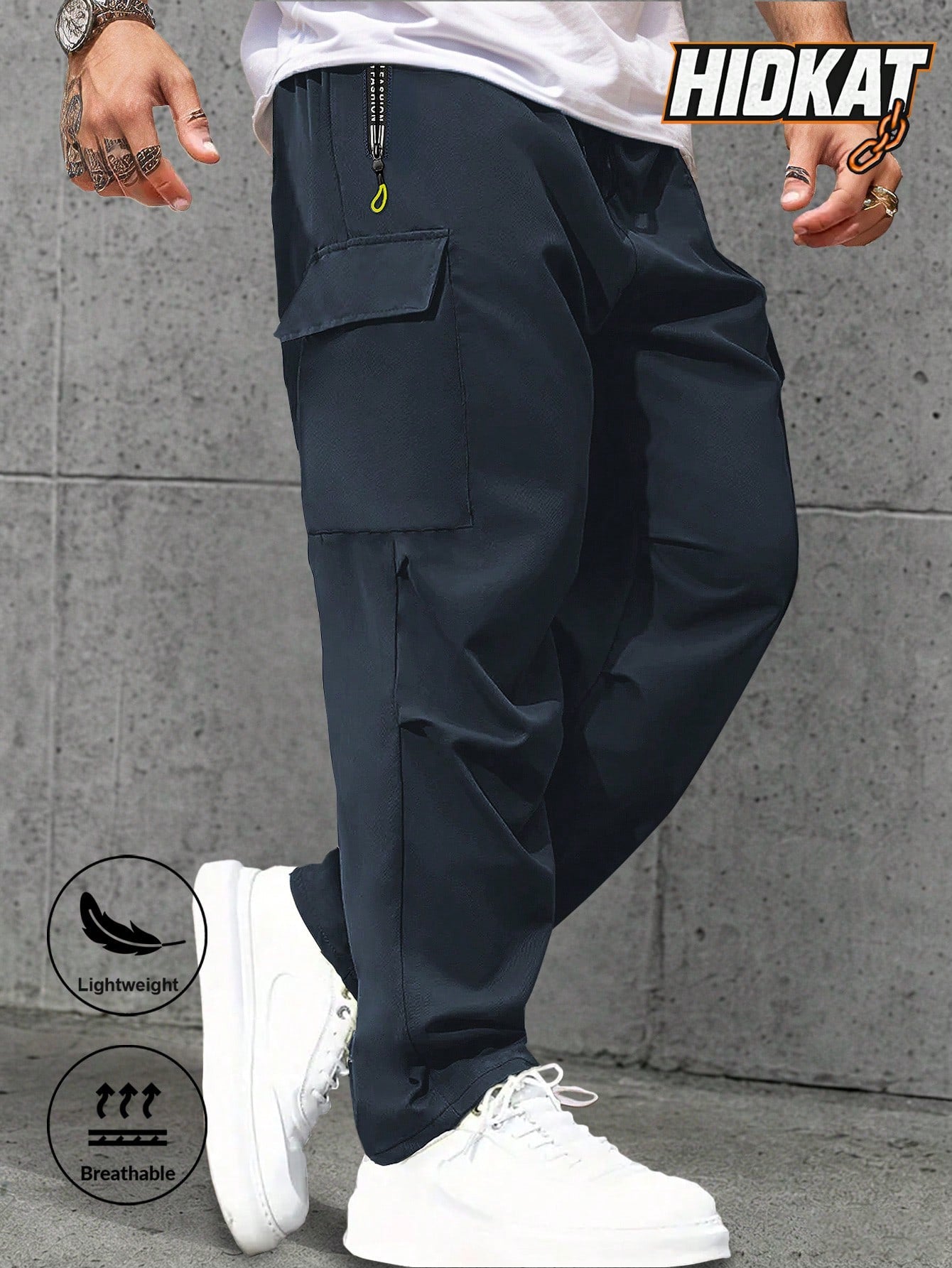 Men's Spring & Autumn Hiking Pants With Zipper Pockets & Drawstring, Straight Leg Casual Running Trousers With Striking Neon Highlight
