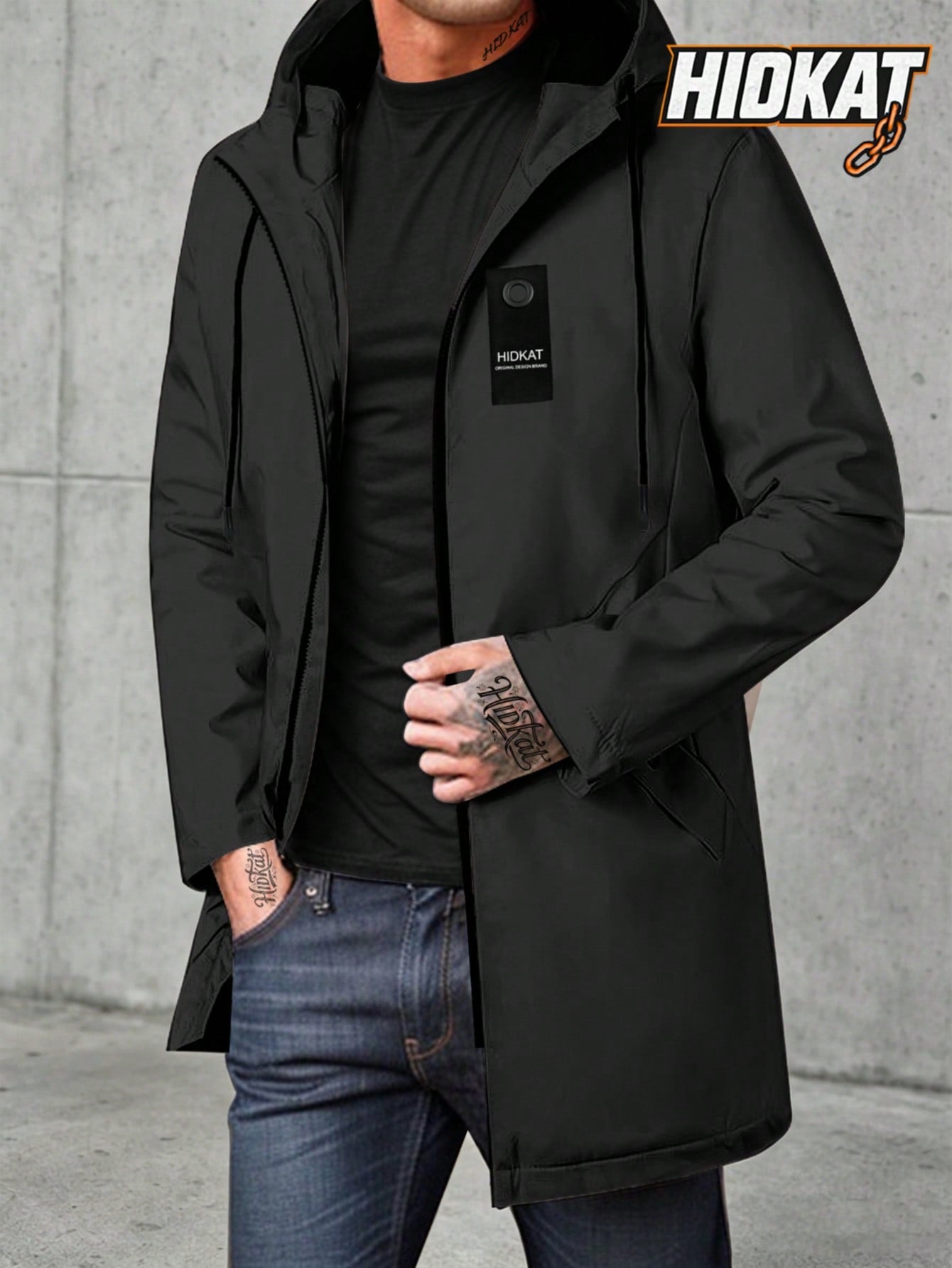 Men's Mid-Length Sporty Outdoor Hiking Jacket With Hood And Drawstring, Solid Color, Casual Everyday Wear, Autumn/Winter, BOYFRIEND