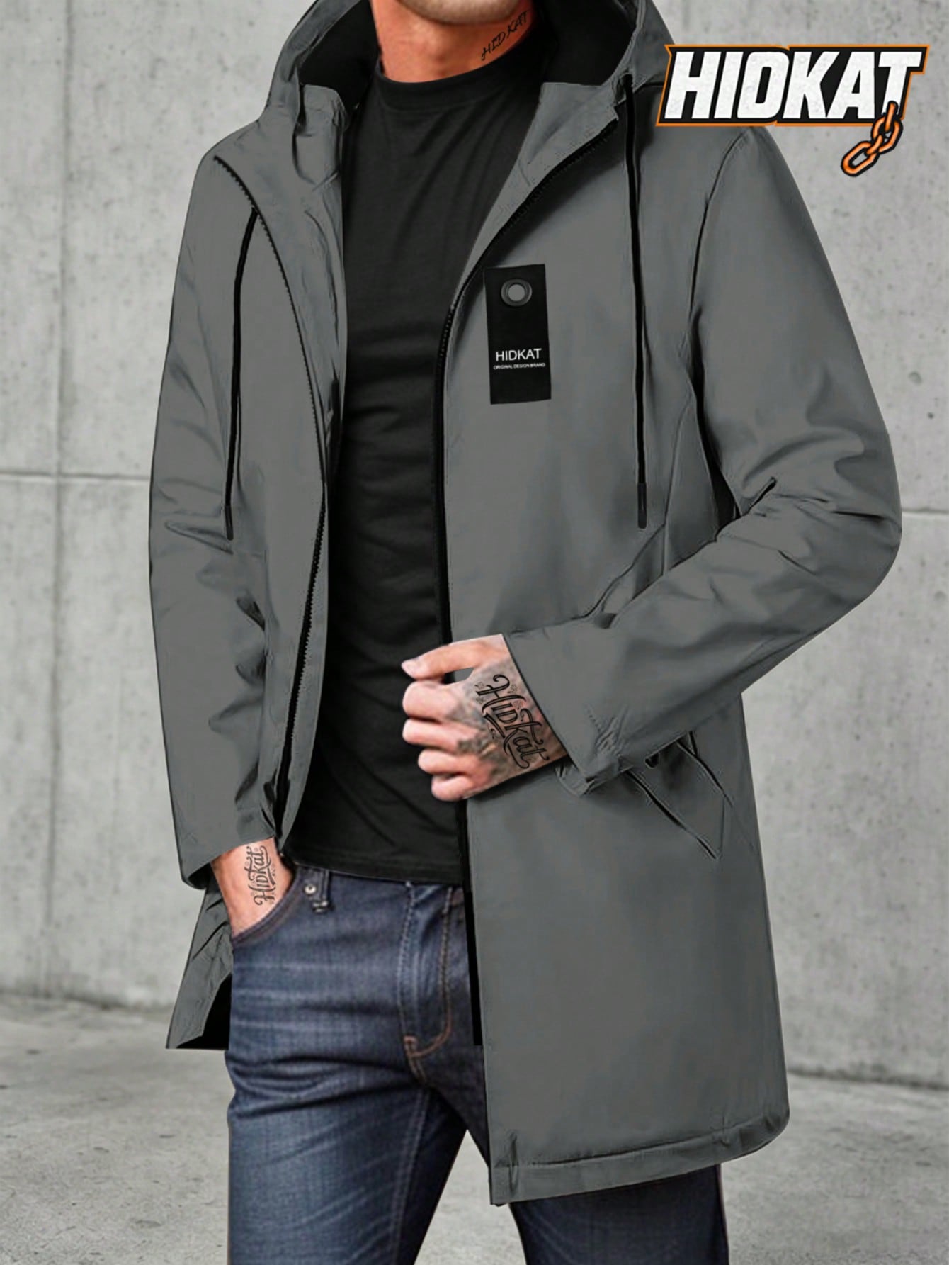 Men's Mid-Length Sporty Outdoor Hiking Jacket With Hood And Drawstring, Solid Color, Casual Everyday Wear, Autumn/Winter, BOYFRIEND