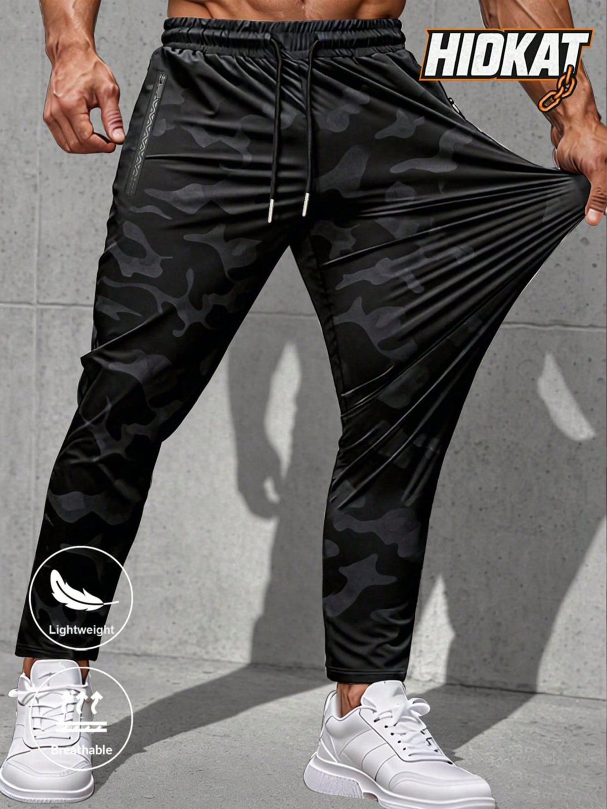 Men's Fashionable Elastic Camouflage Pants, Lightweight Breathable With Zipper Pockets, Suitable For Fitness, Jogging, Outdoor Activities In Spring And Autumn Sports