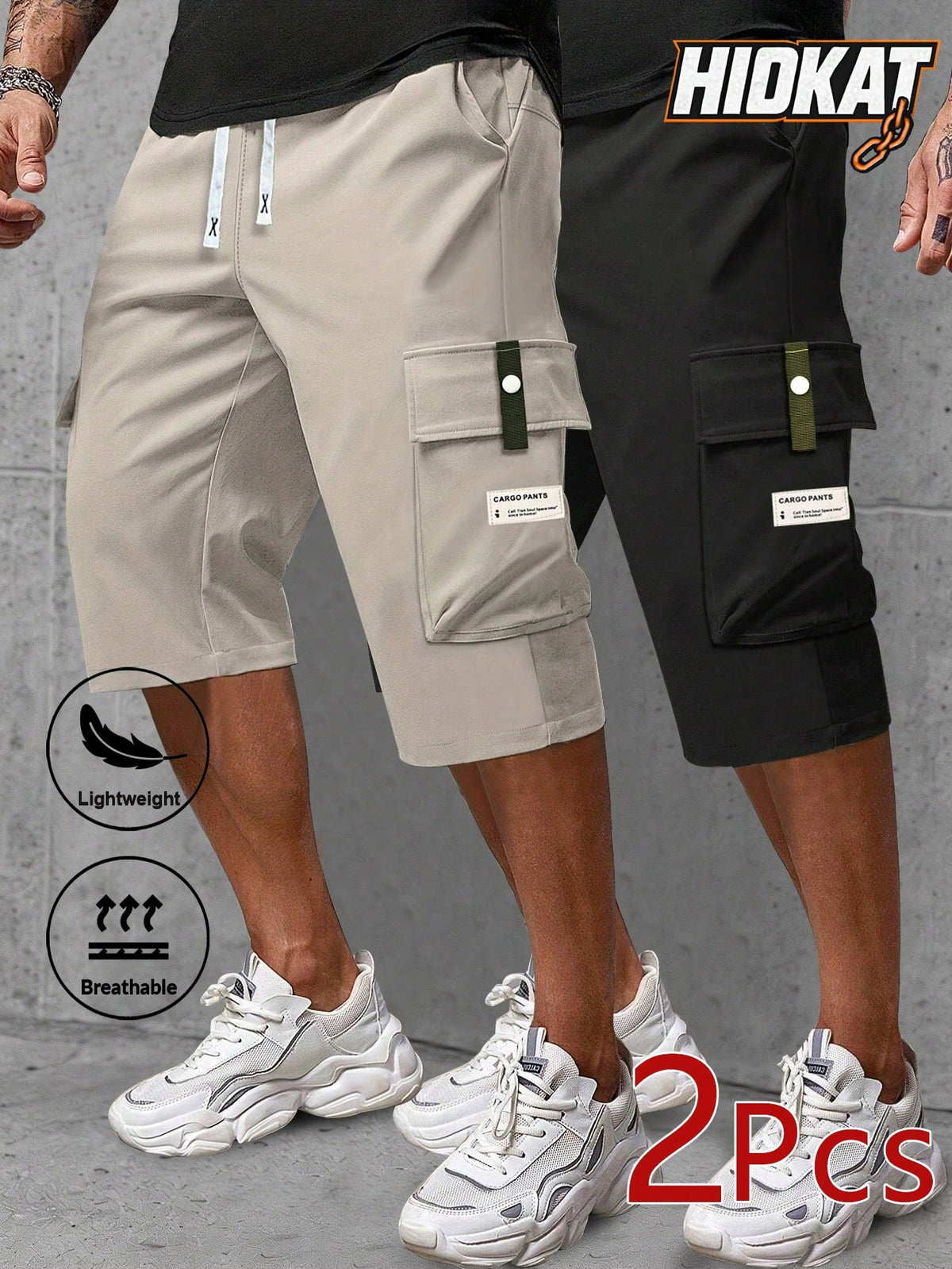 2pcs Men's Casual Cargo Capri Pants, Summer Drawstring Waist, Large Pockets, Letter Patch, Fashion Leisure Sports Pants, Spring/Summer