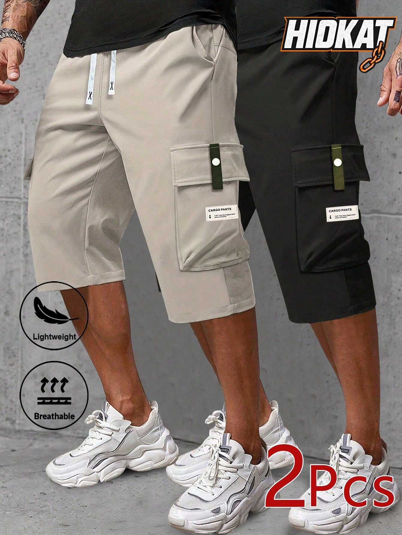 2pcs Men's Casual Cargo Capri Pants, Summer Drawstring Waist, Large Pockets, Letter Patch, Fashion Leisure Sports Pants, Spring/Summer