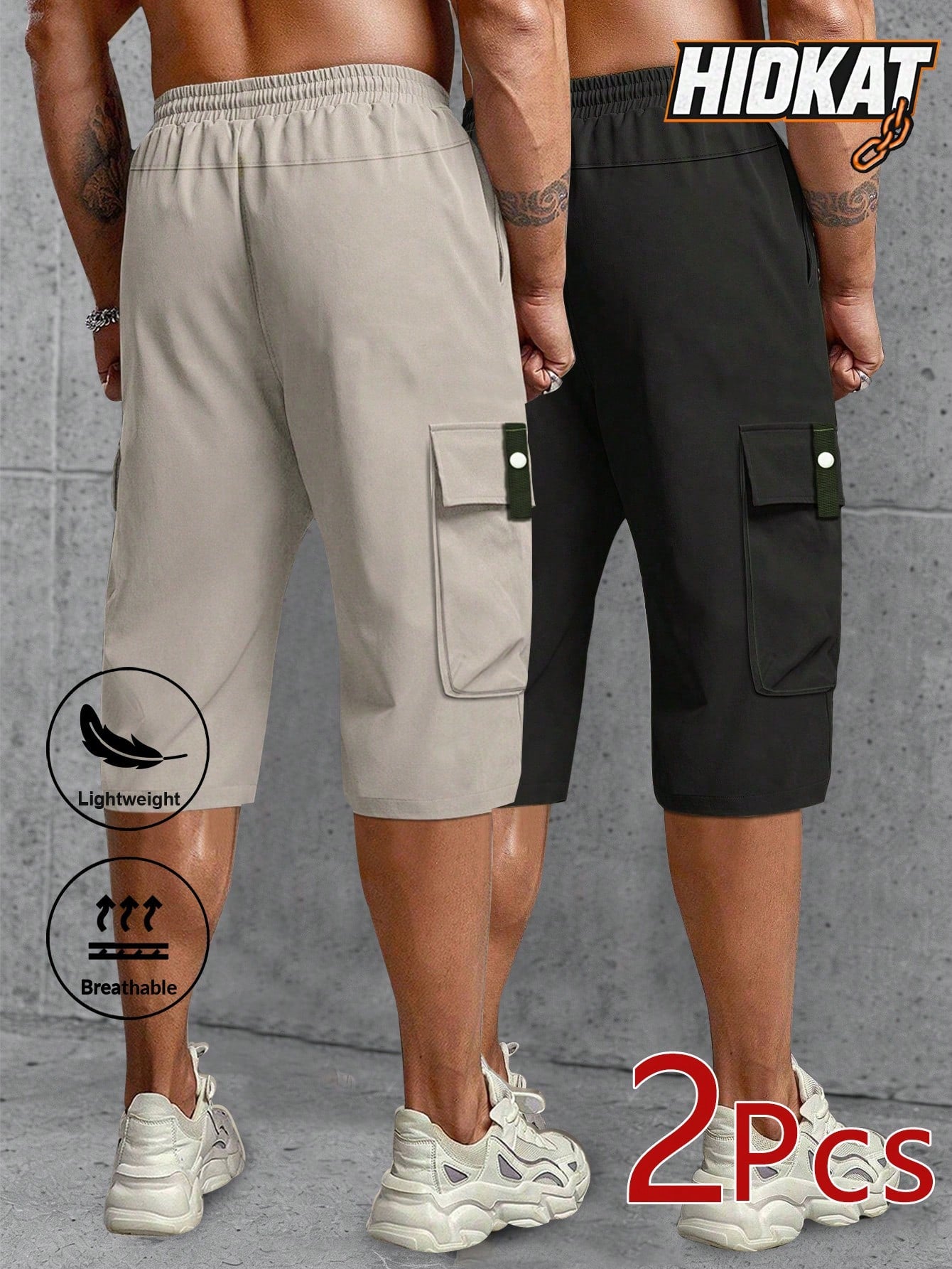 2pcs Men's Casual Cargo Capri Pants, Summer Drawstring Waist, Large Pockets, Letter Patch, Fashion Leisure Sports Pants, Spring/Summer