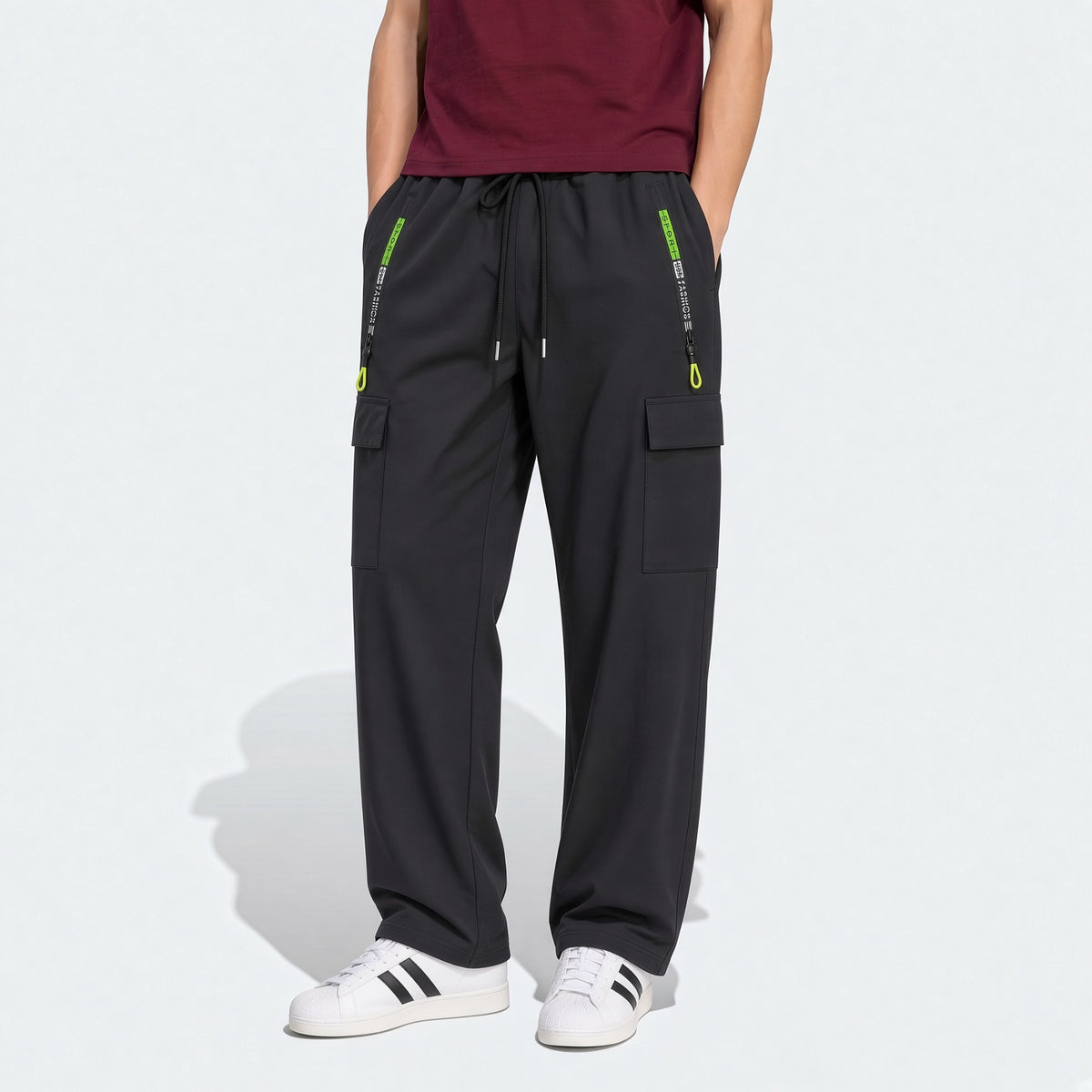 Men's Loose Lightweight Breathable Drawstring Elastic Waist Zipper Pocket Sports Pants, Outdoor Casual Straight Leg Cargo Trousers, NEON Highlight, Spring & Autumn