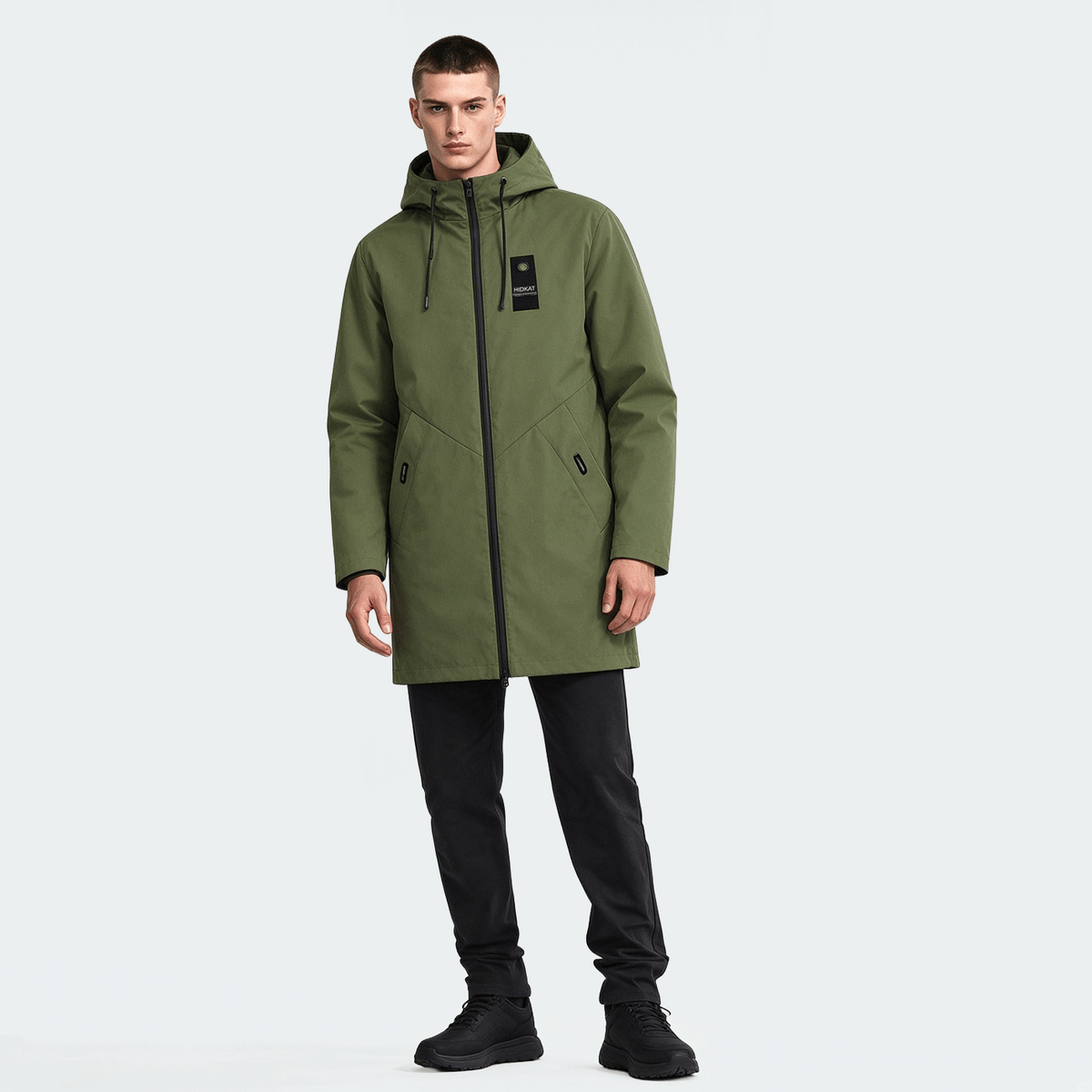 Men's Mid-Length Sporty Outdoor Hiking Jacket With Hood And Drawstring, Solid Color, Casual Everyday Wear, Autumn/Winter, BOYFRIEND