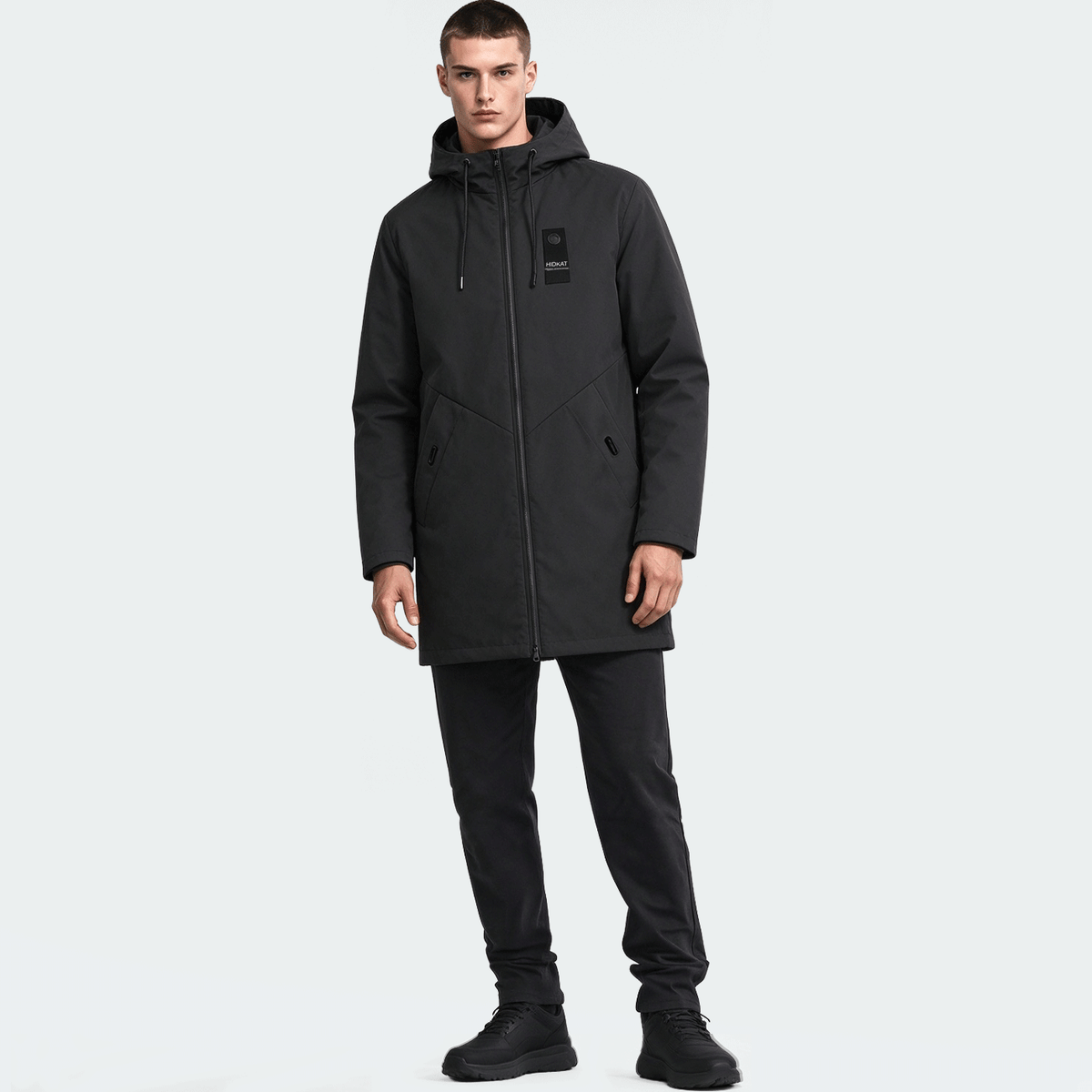 Men's Mid-Length Sporty Outdoor Hiking Jacket With Hood And Drawstring, Solid Color, Casual Everyday Wear, Autumn/Winter, BOYFRIEND