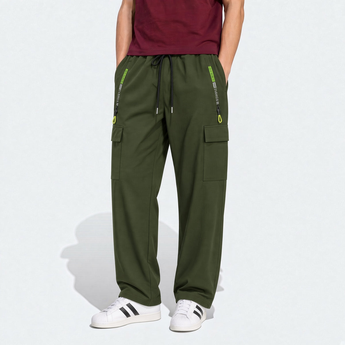 3pcs Men's Drawstring Elastic Waist Zipper Pocket Sport Pants, Outdoor Casual Loose Straight Leg Cargo Pants With NEON Highlights, Spring & Autumn Sports