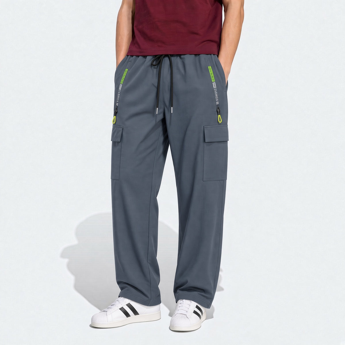Men's Spring & Autumn Hiking Pants With Zipper Pockets & Drawstring, Straight Leg Casual Running Trousers With Striking Neon Highlight